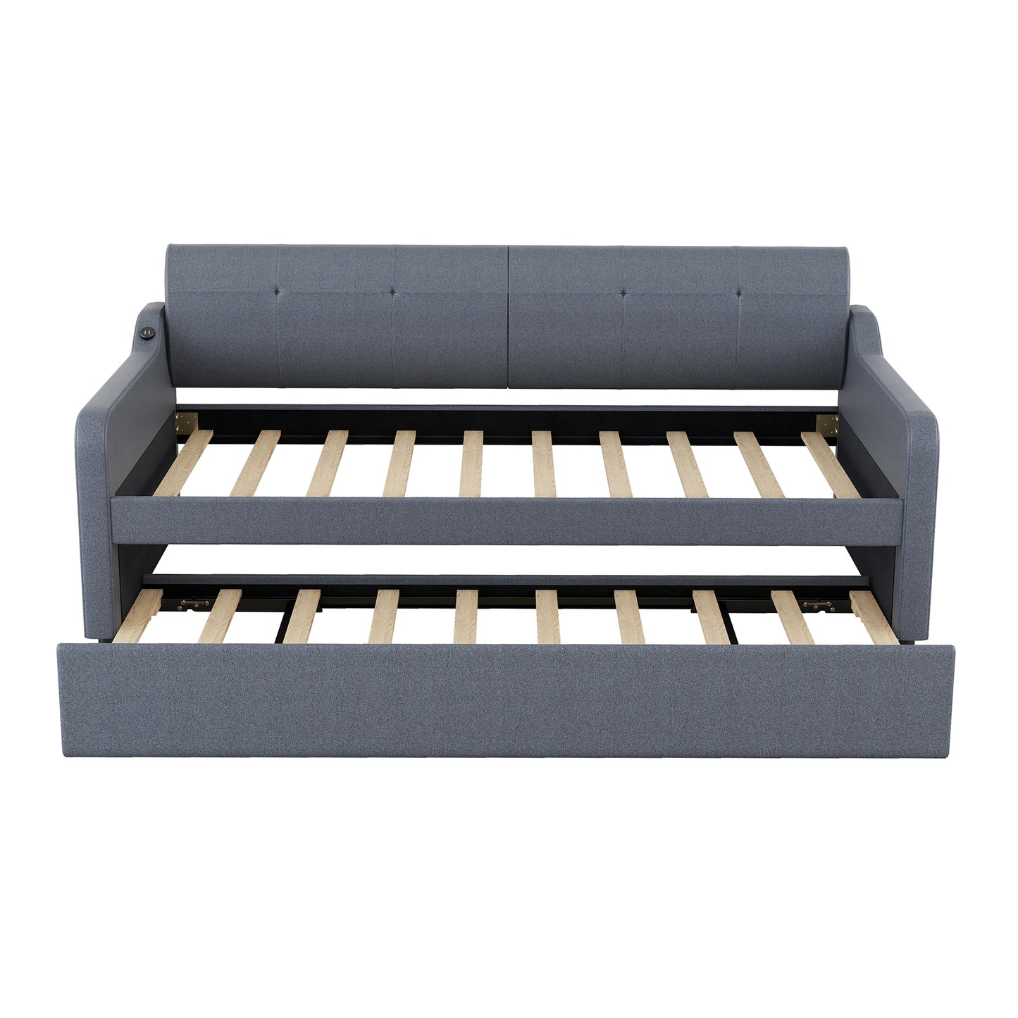 Gray fabric daybed with pullout trundle and wooden slats characters