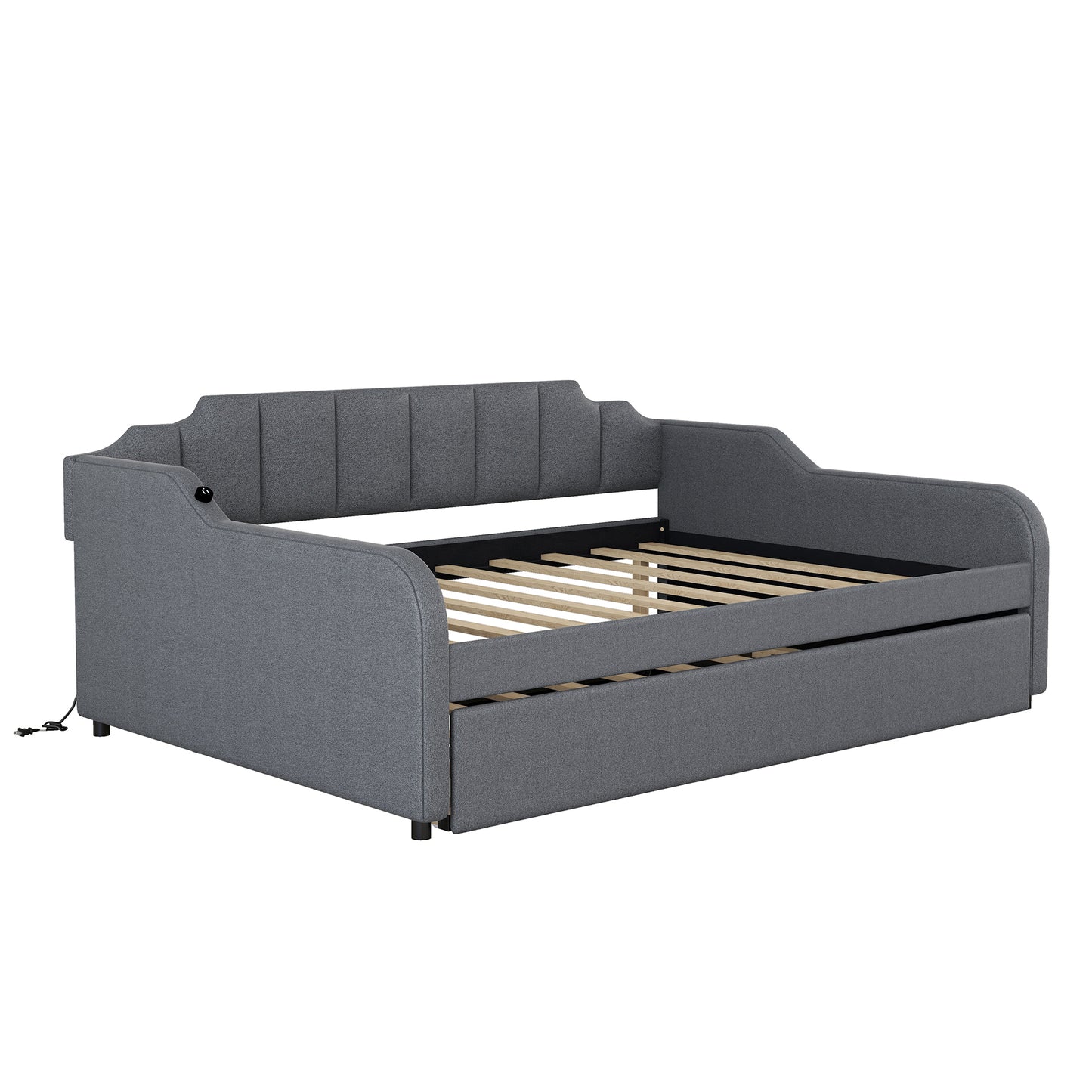 Gray upholstered daybed with pullout trundle
