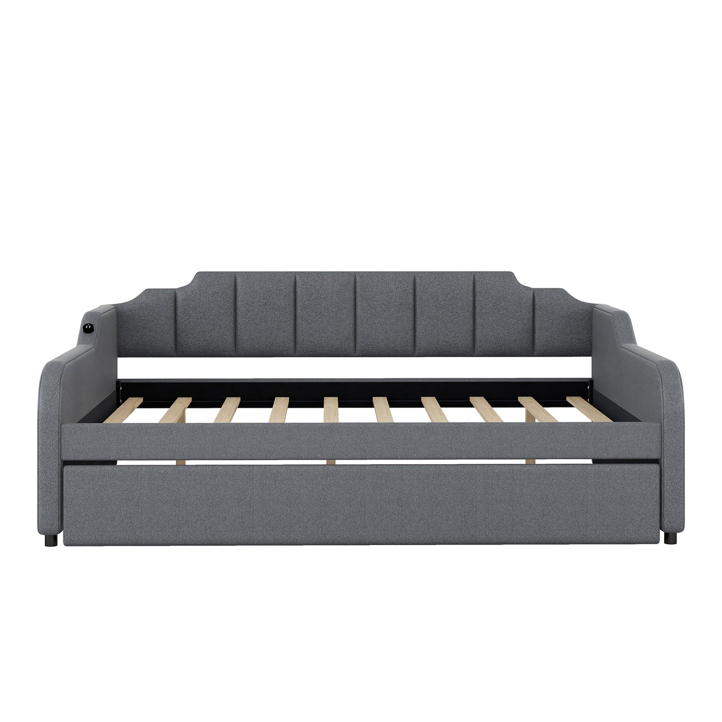 Gray upholstered daybed with tufted backrest and integrated wooden slats