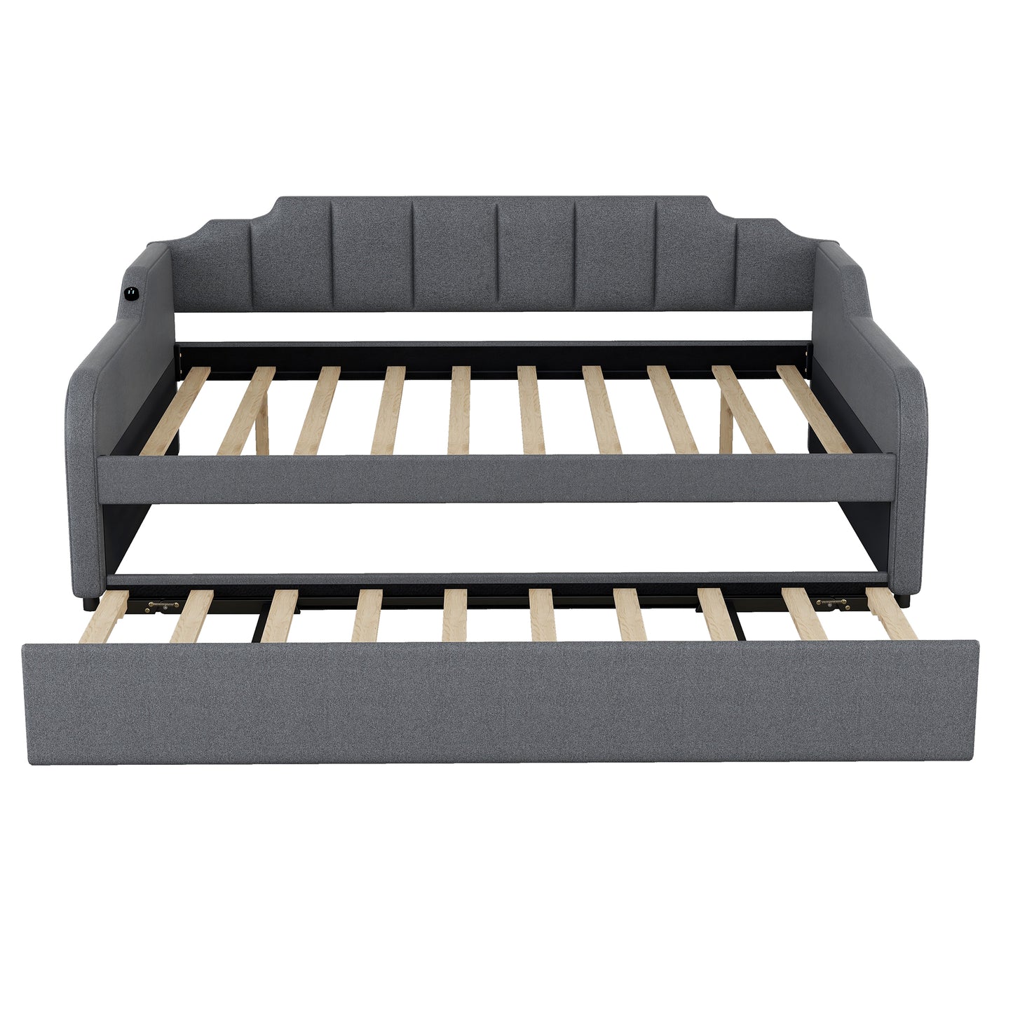 Gray fabric daybed with pullout trundle modern design for guest rooms