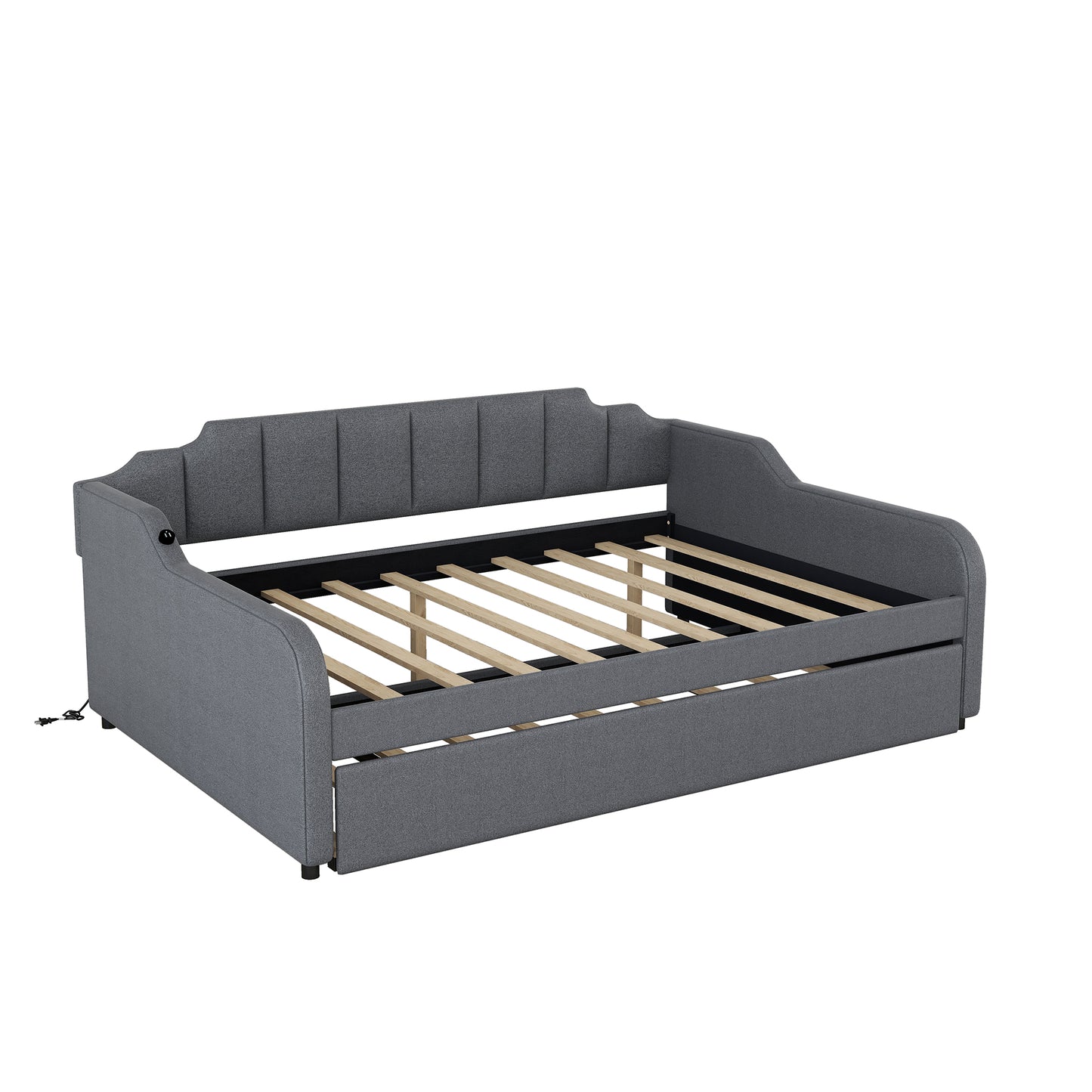 Grey upholstered daybed with pullout trundle and slatted mattress support