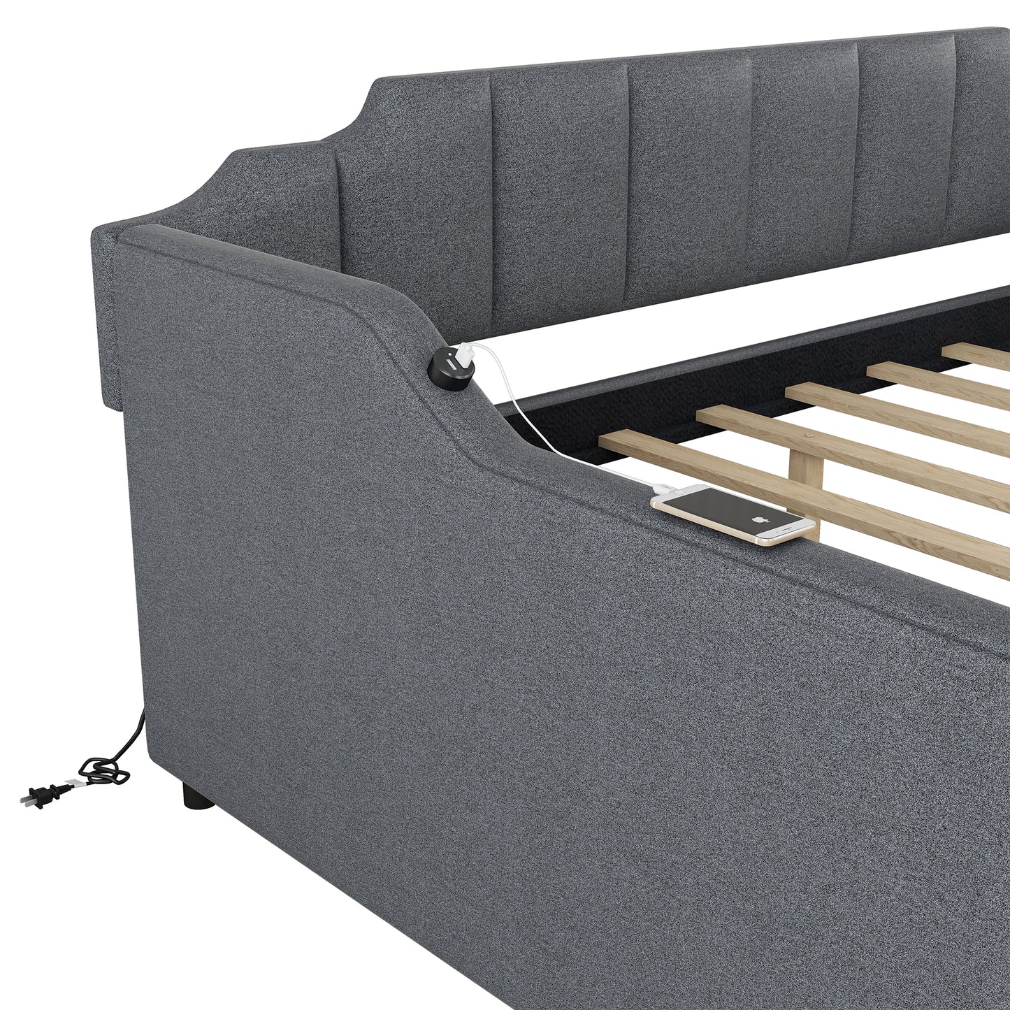 Tufted grey upholstered daybed with integrated USB charging ports and power cord