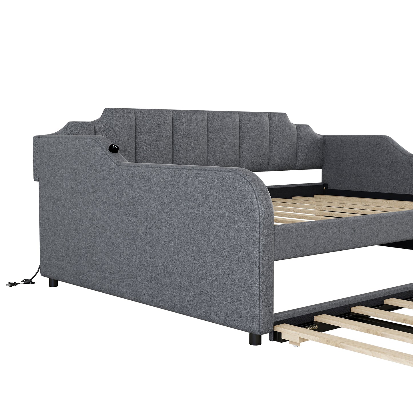 upholstered grey daybed with tufted back and integrated USB charger