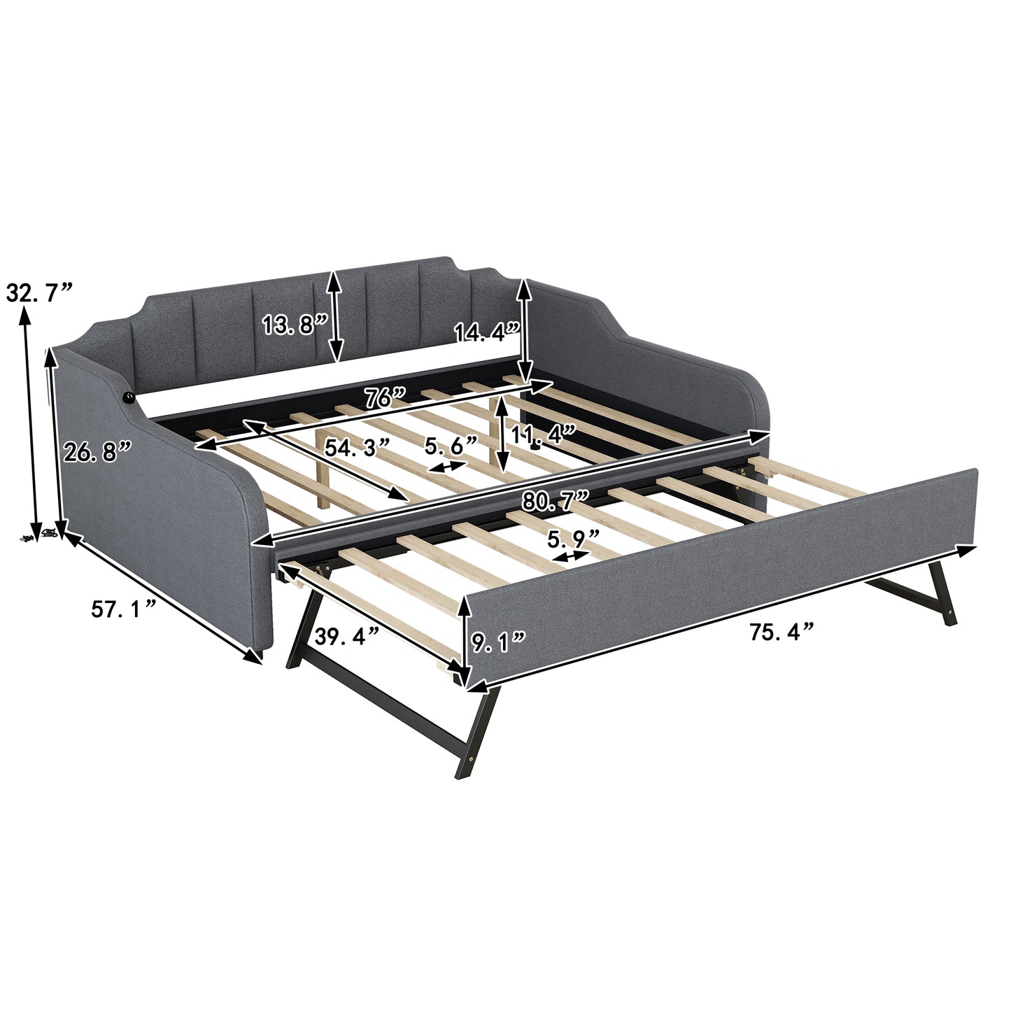 Grey upholstered daybed with pullout trundle showing dimensions for seating and sleeping areas