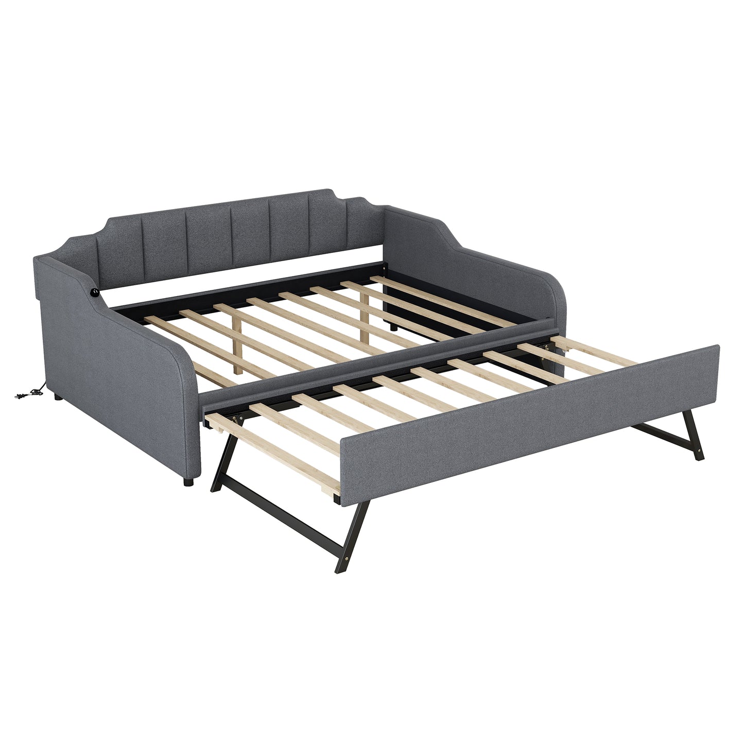 Grey upholstered daybed with pullout trundle tufted back and arms