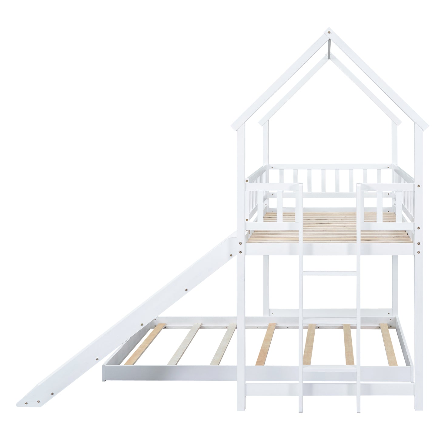 White wooden bunk bed with slide and ladder for kids