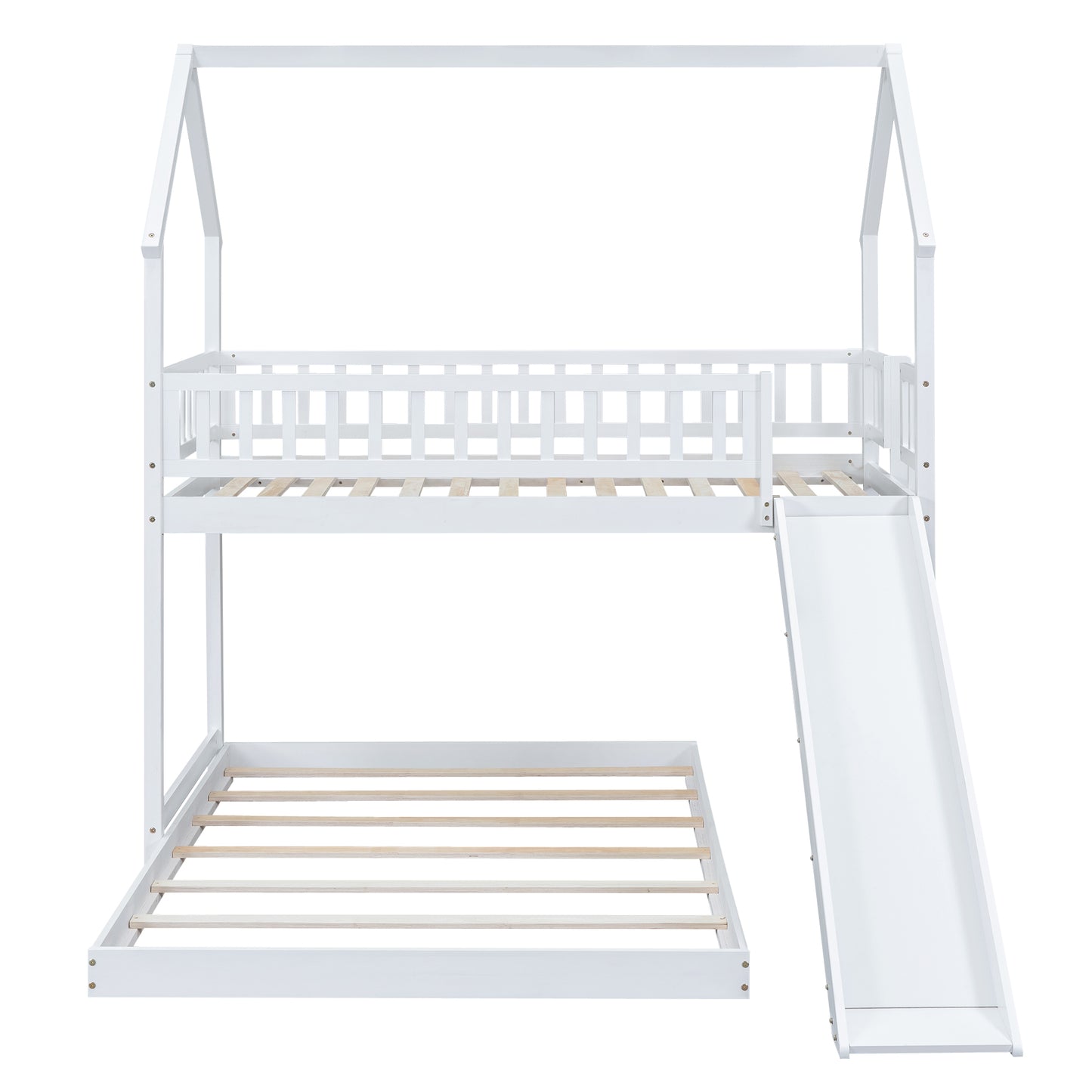 White wooden house bunk bed with slide
