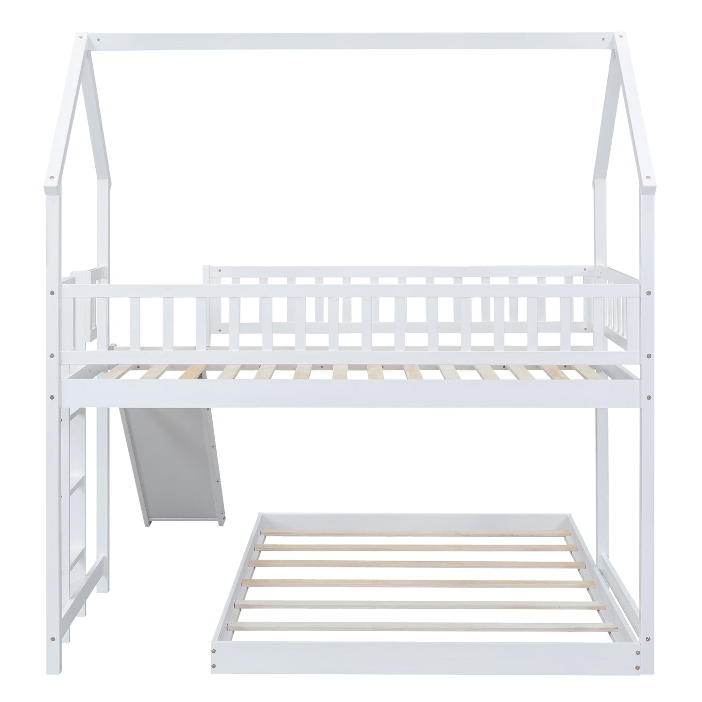 White wooden bunk bed with a slide and pullout trundle