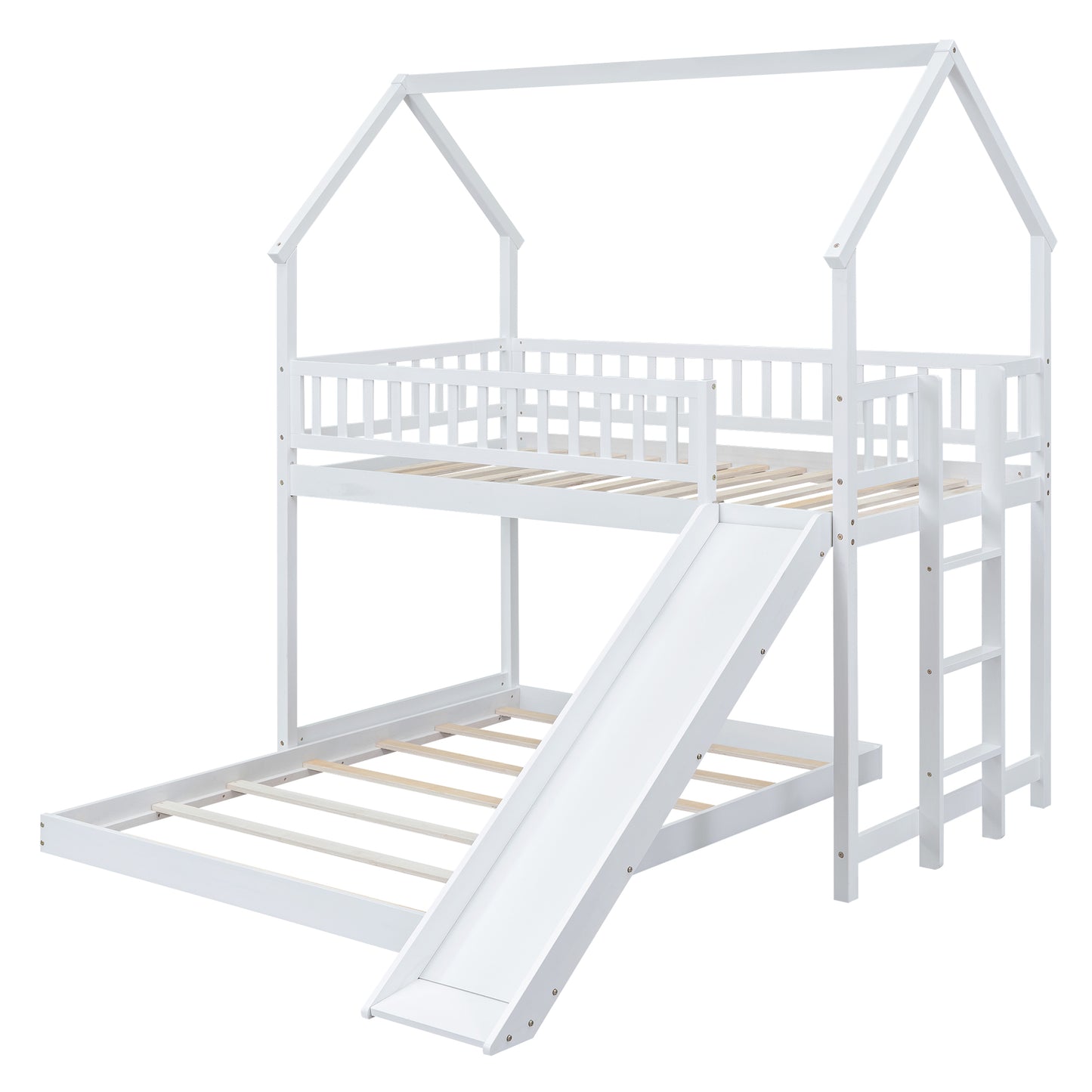 White wooden bunk bed with houseshaped frame and slide