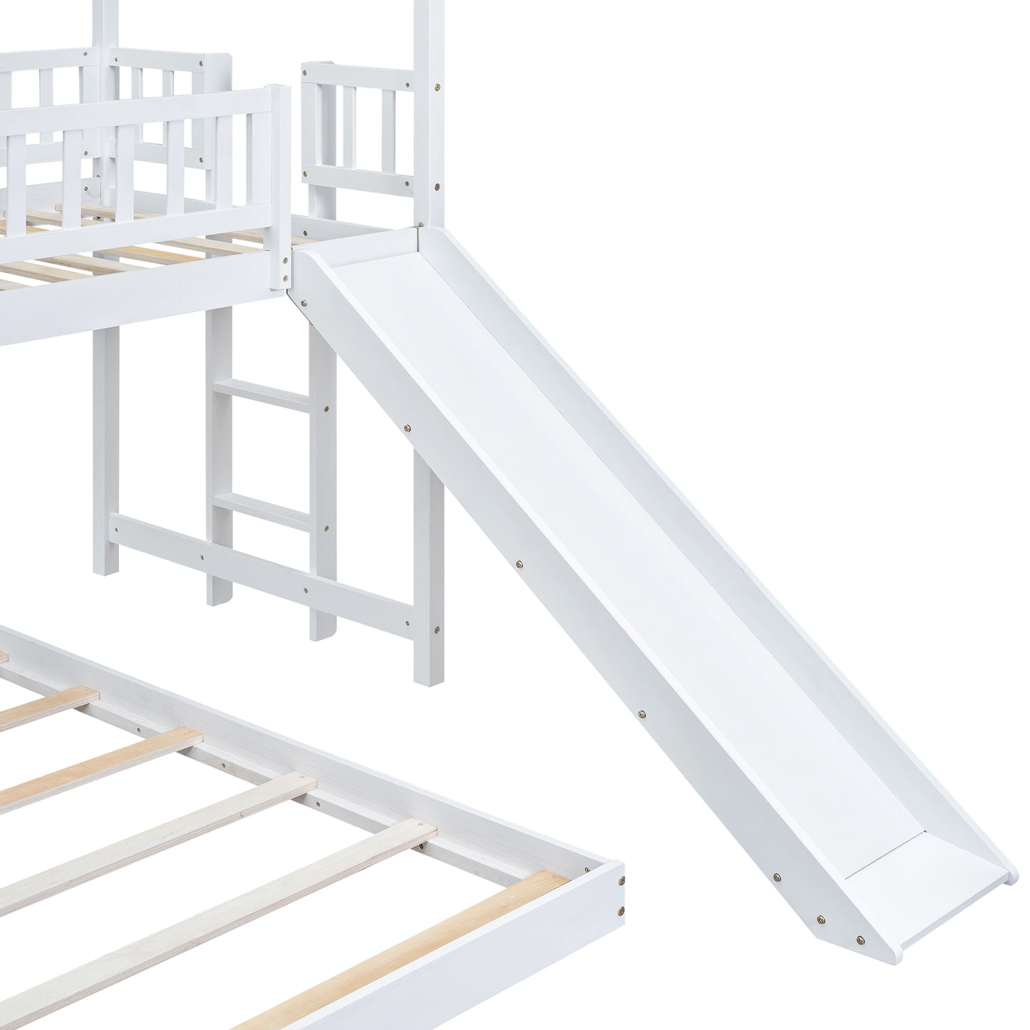 White wooden bunk bed with slide and ladder for kids