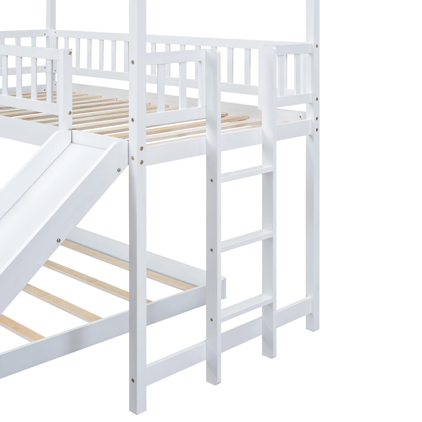 White wooden bunk bed with attached slide for childrens room