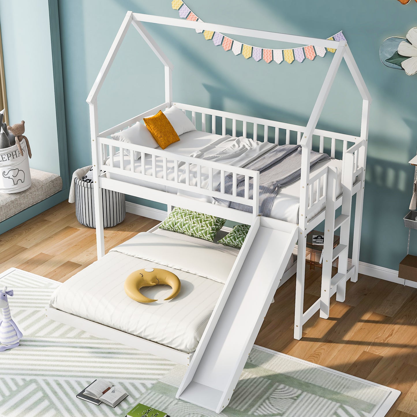 White wooden house loft bed with slide and trundle