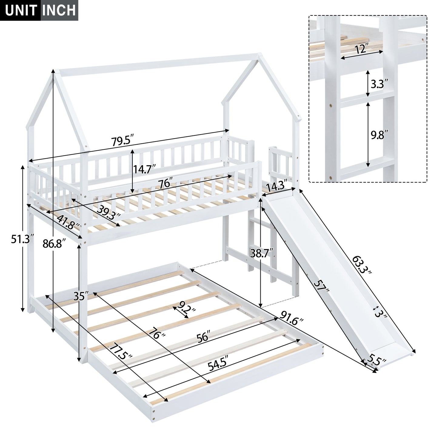 White wooden house bunk bed with slide and dimensions