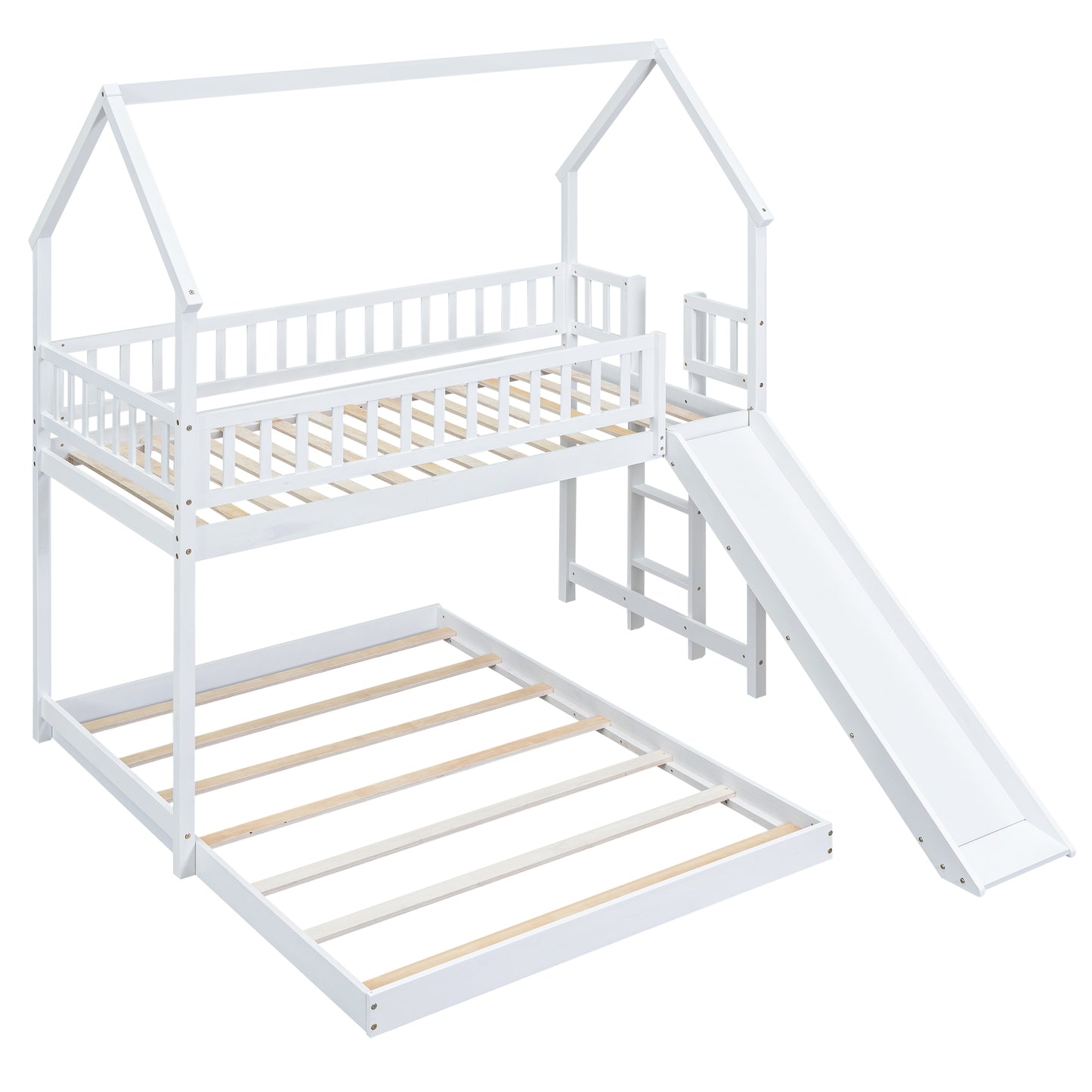 White wooden bunk bed with slide and pullout trundle