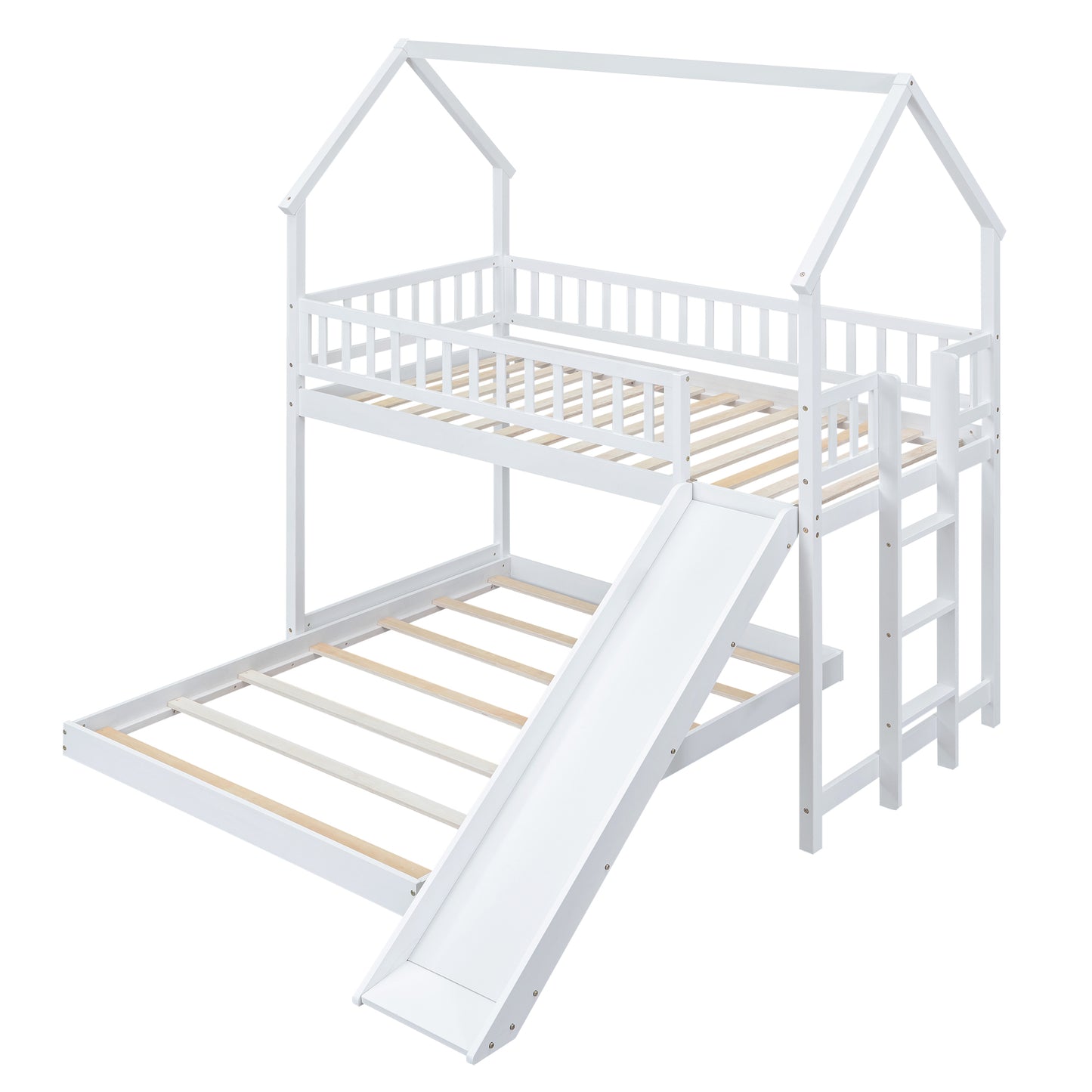 White wooden house bunk bed with slide