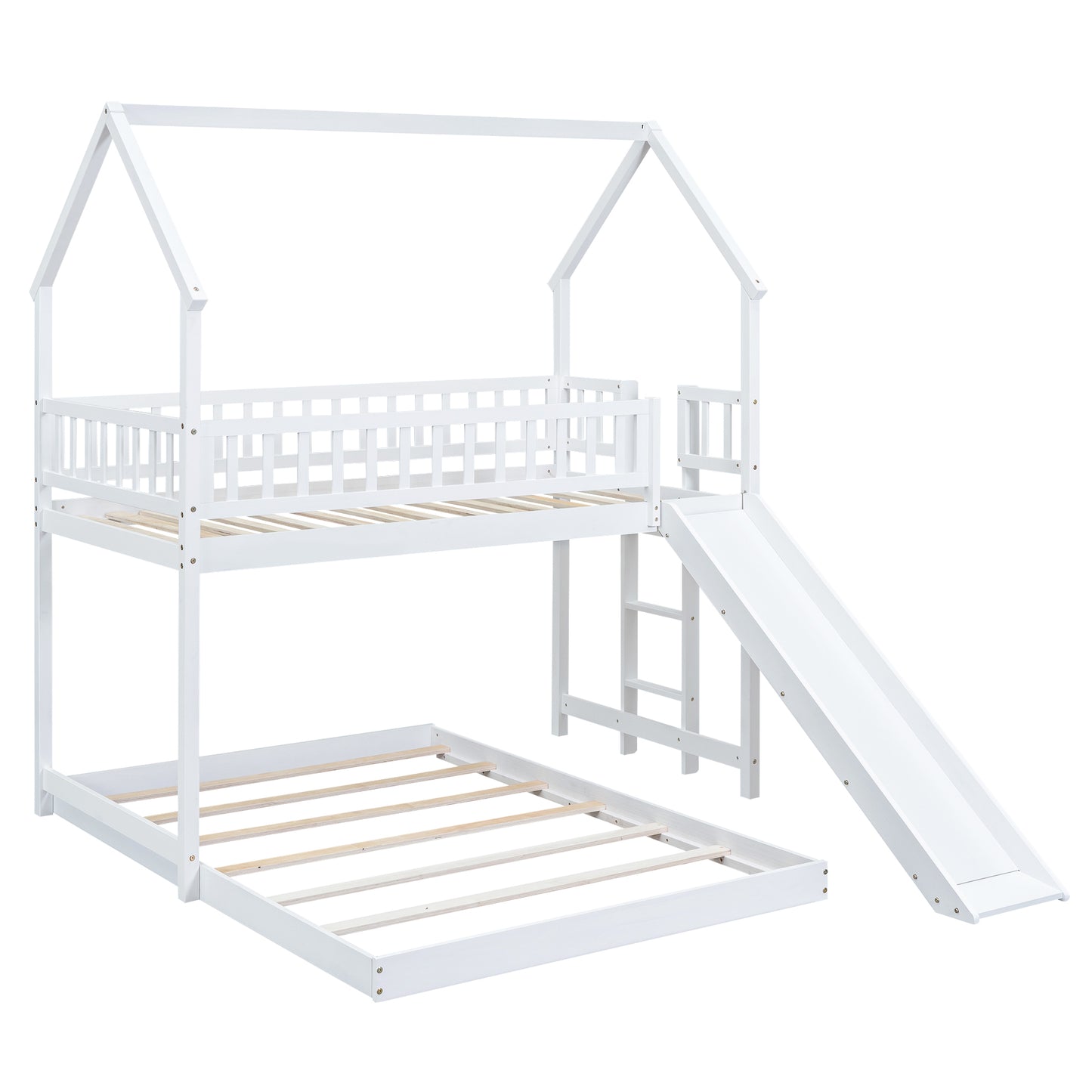 White wooden house bunk bed with slide