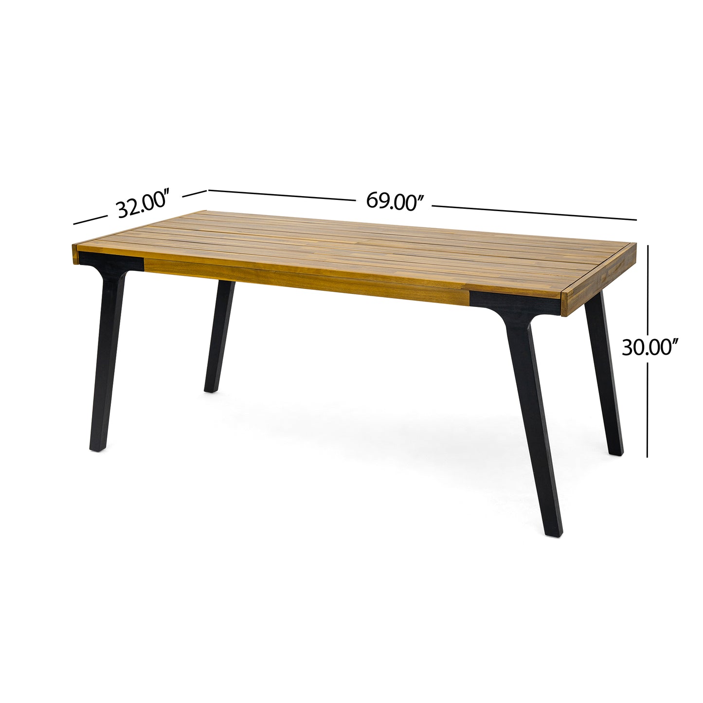 Modern outdoor dining table with slatted wood top and black metal legs