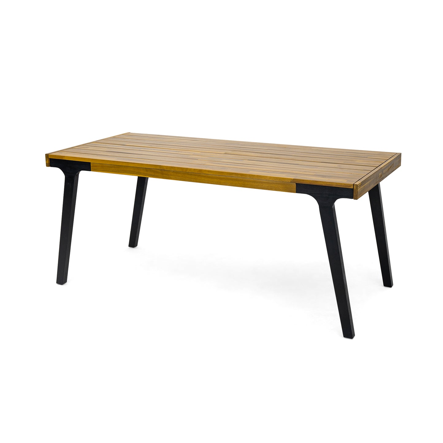 Rectangular wood slat outdoor dining table with black metal legs