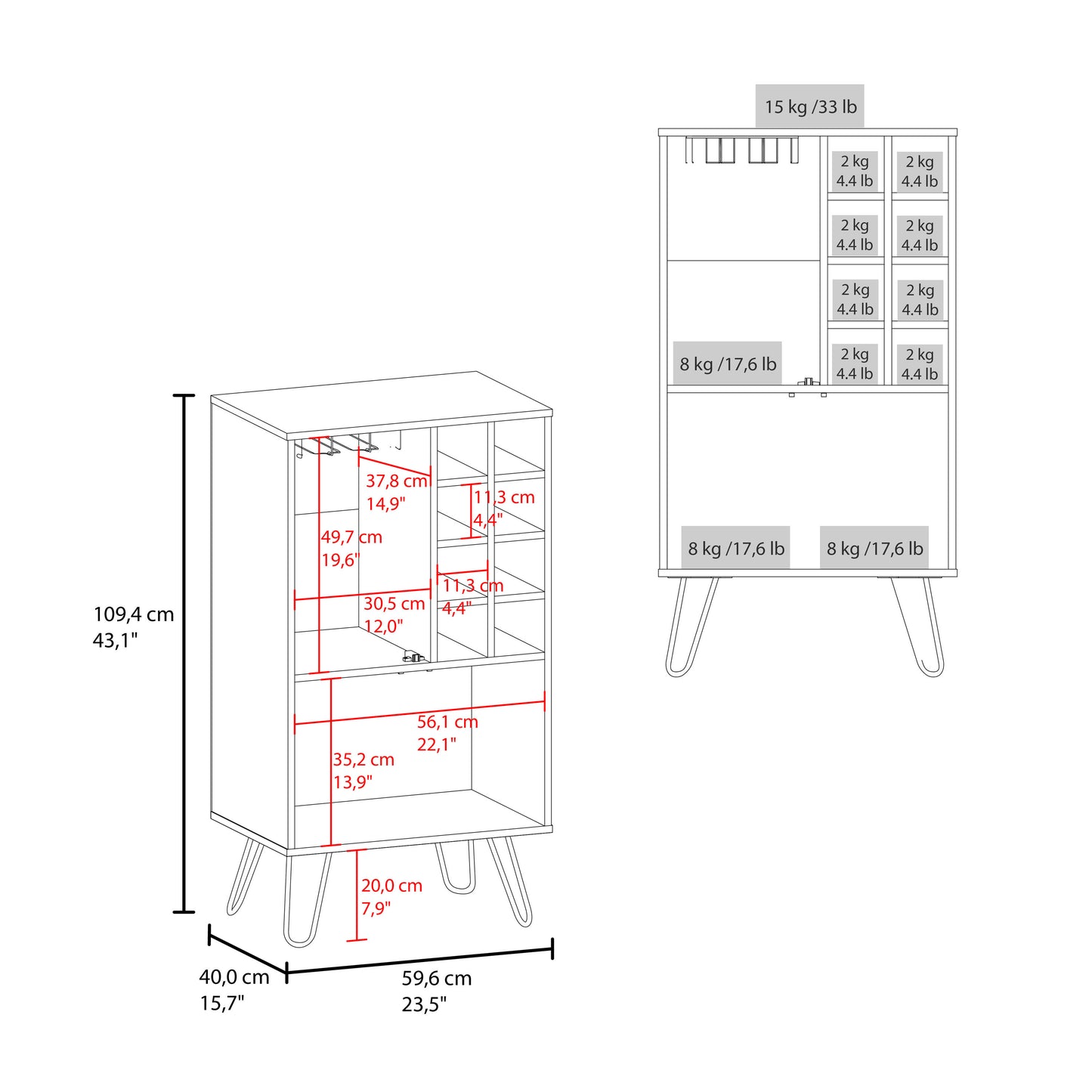 Line drawing of bar cabinet dimensions