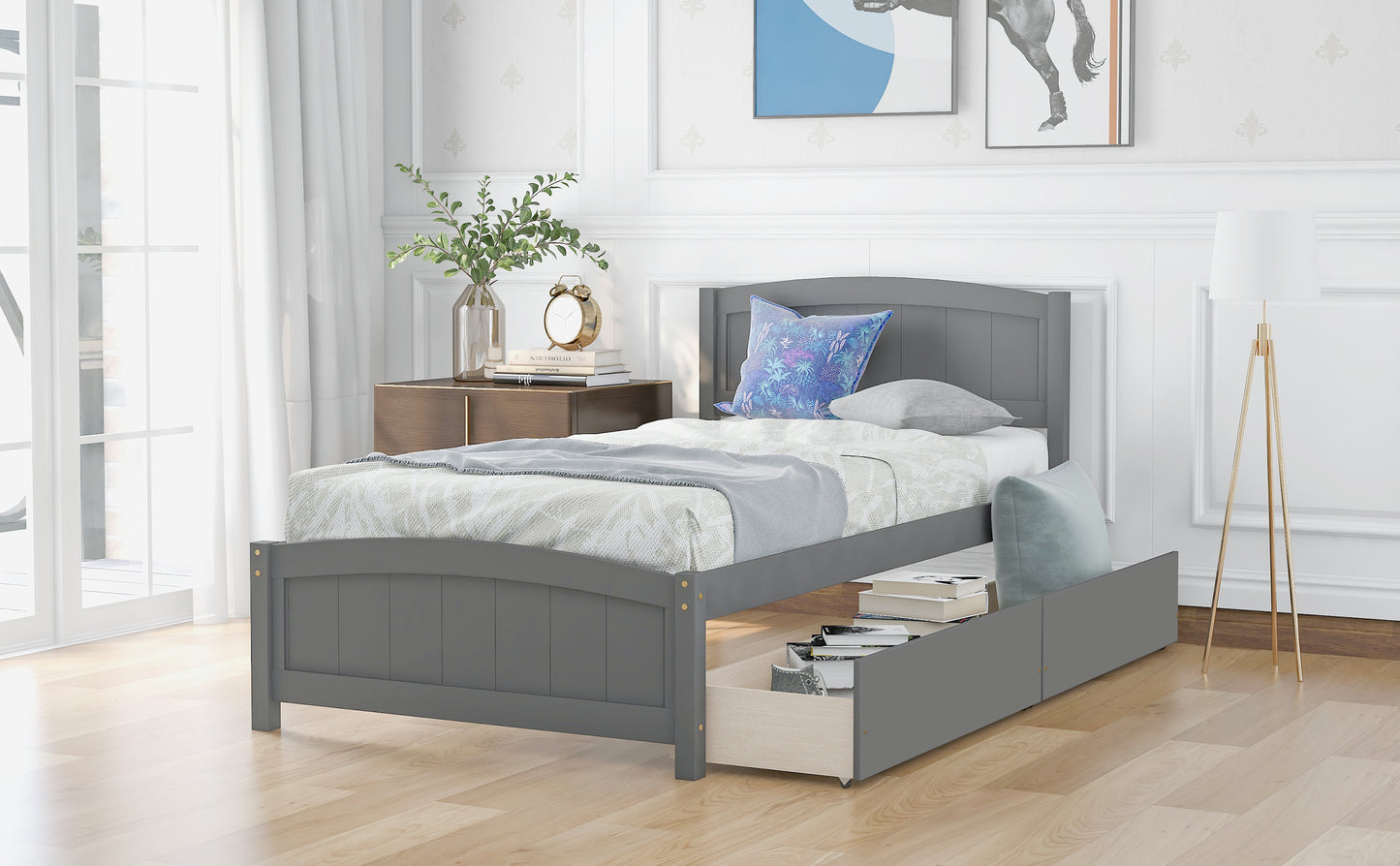 Grey wooden twin bed frame with storage drawers