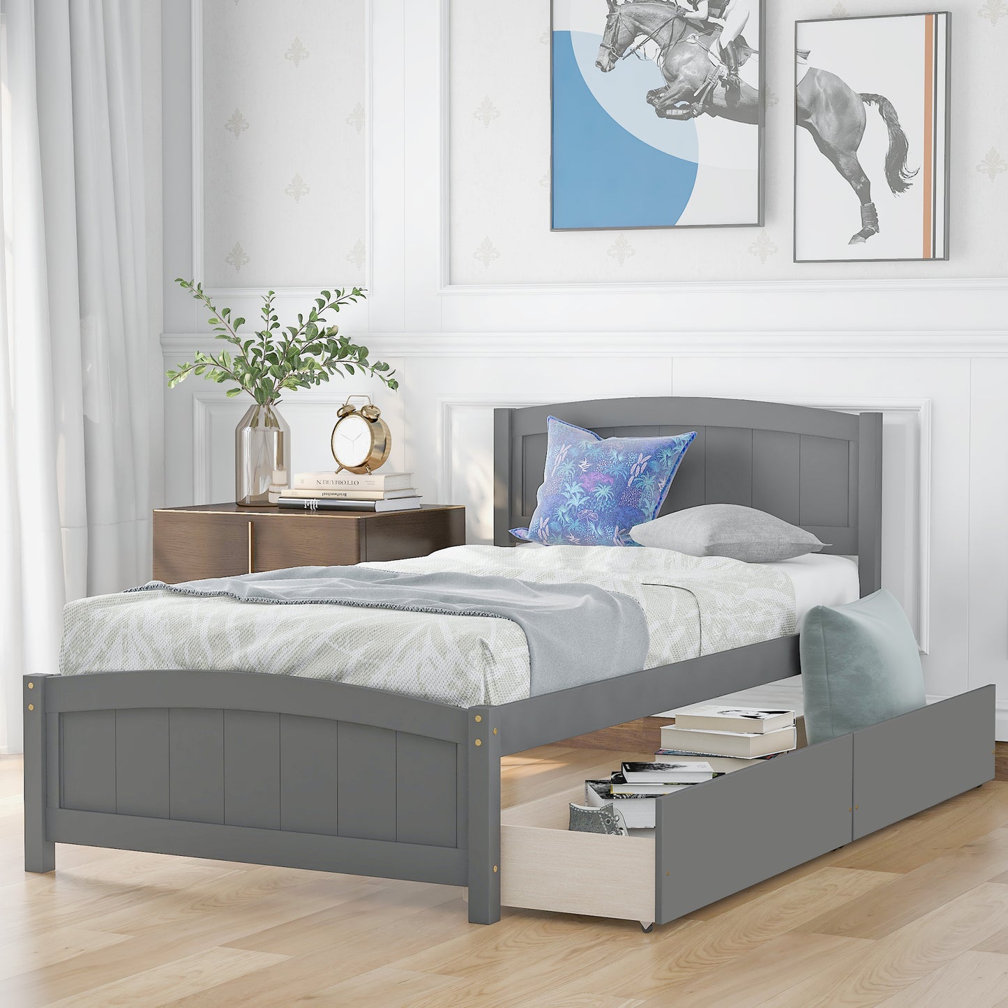 Gray twin bed frame with arched headboard and storage drawers