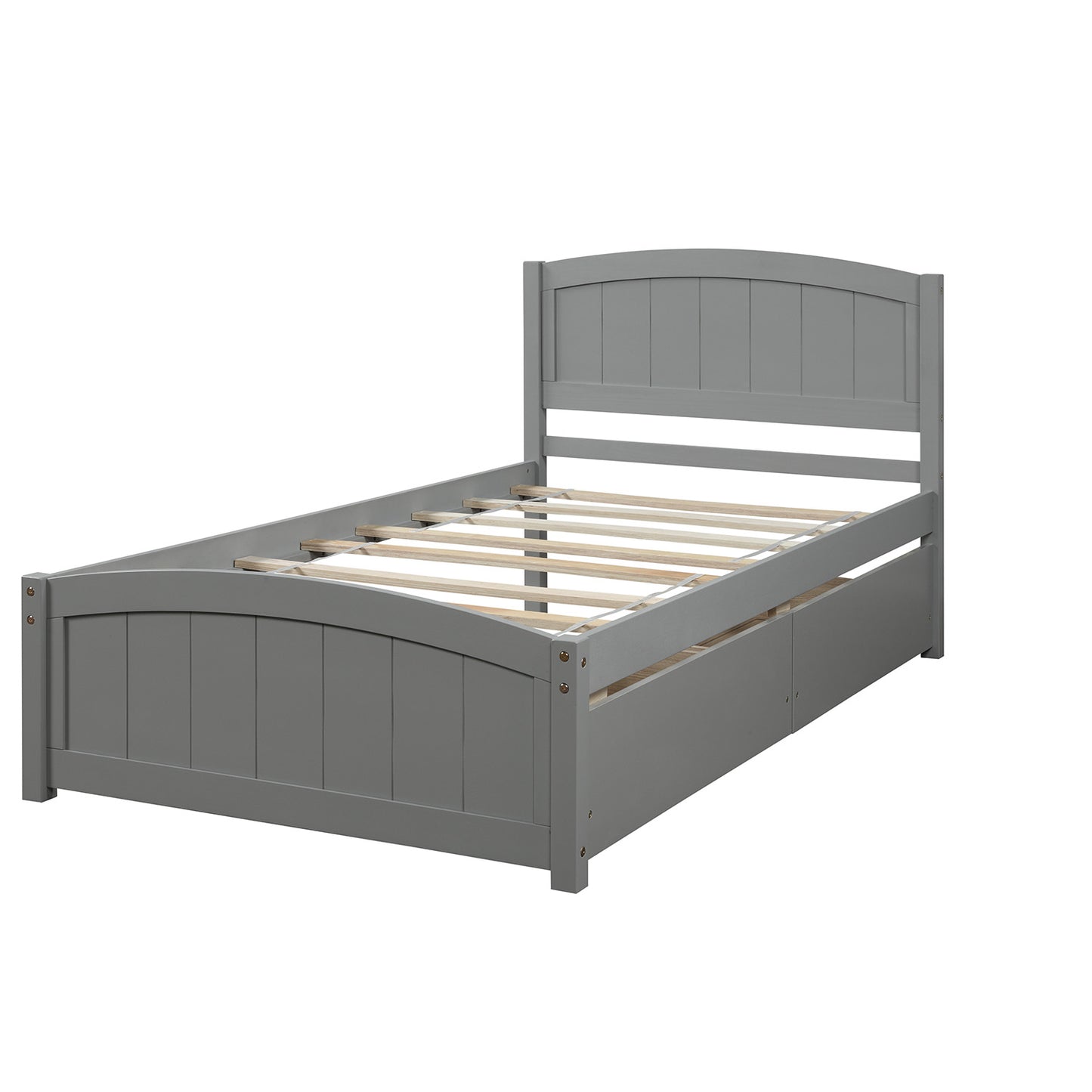 Grey twin bed frame with arched headboard and three drawers