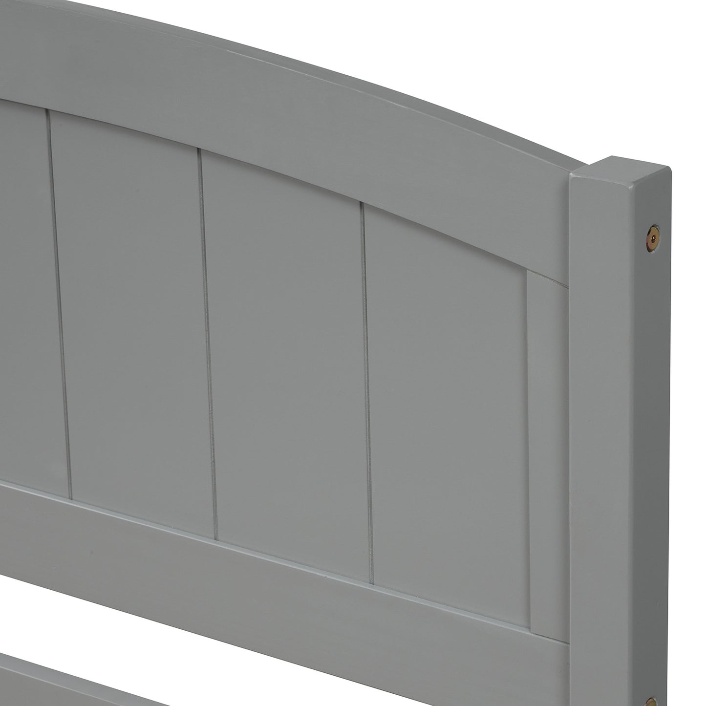 Gray wooden headboard with vertical slats and curved top edge for a modern bedroom