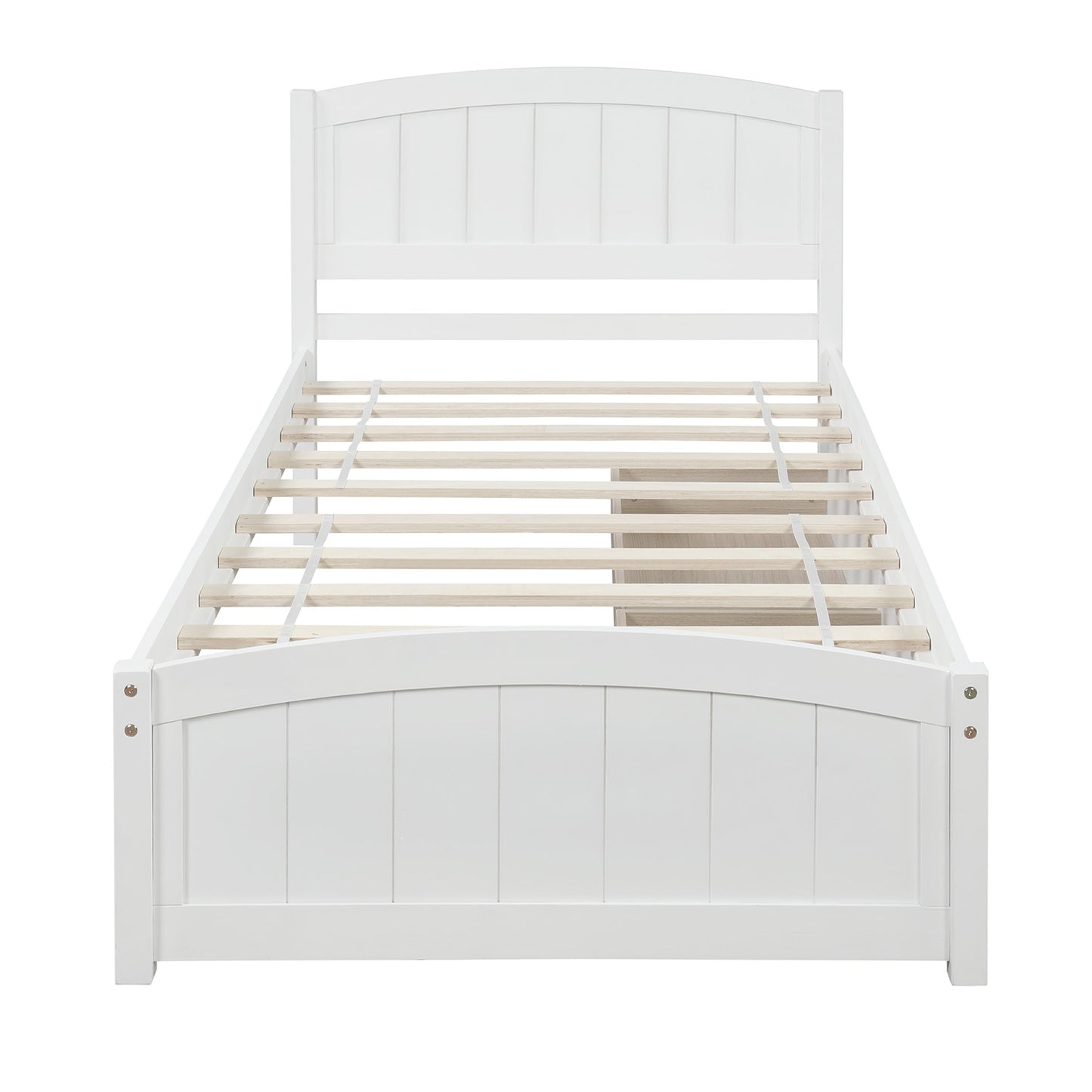 White wooden twin bed frame with arched headboard and slatted support