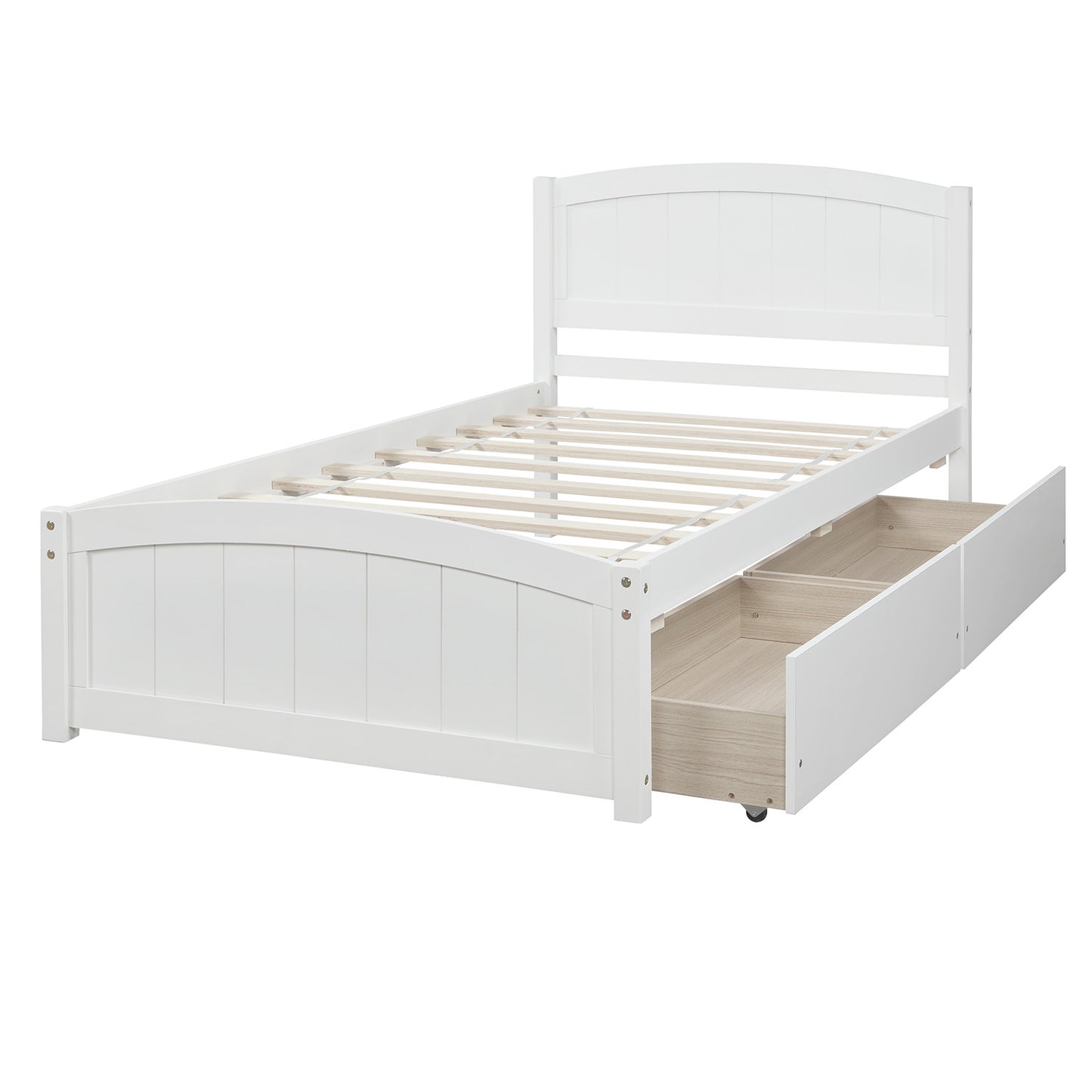 White twin bed frame with arched headboard and two storage drawers