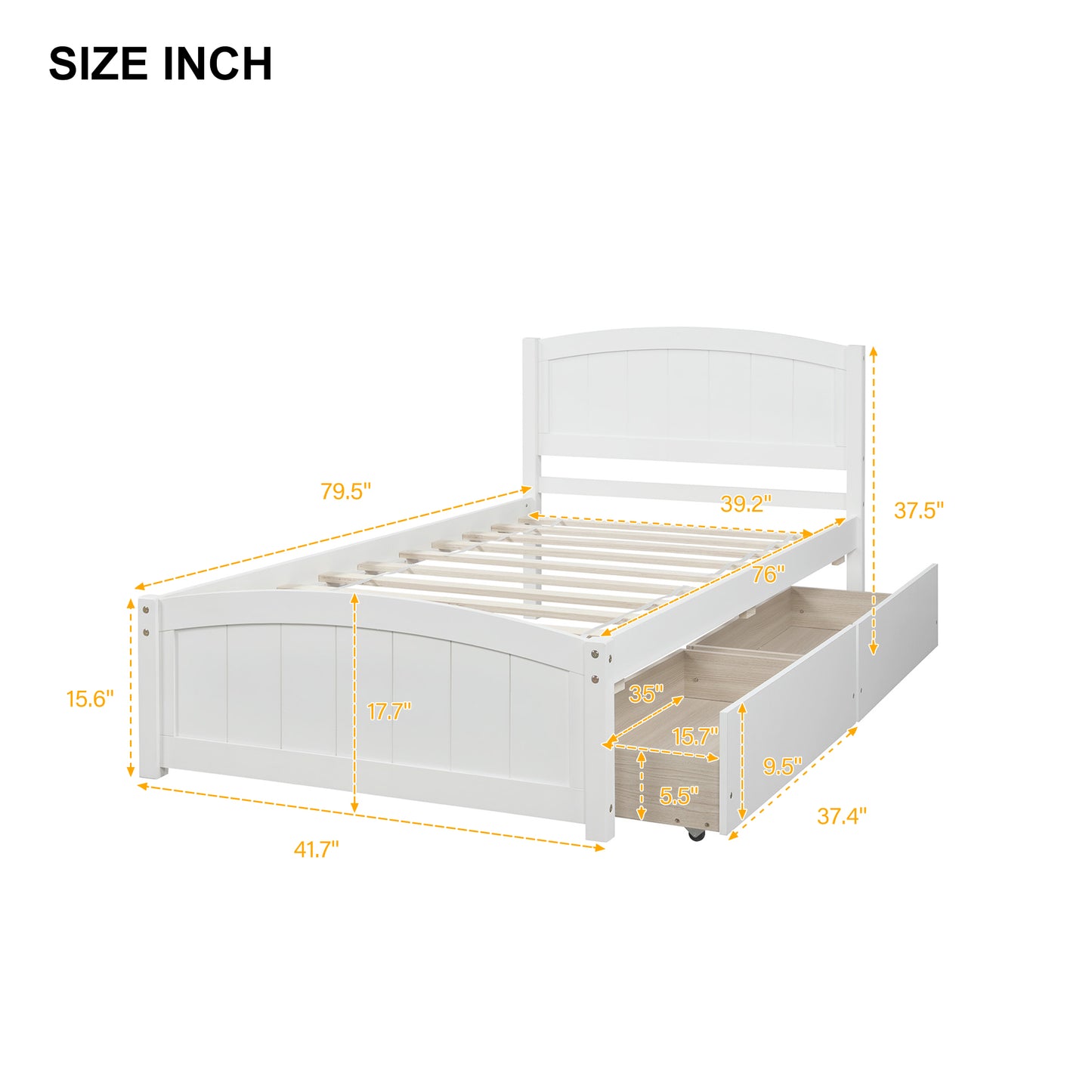 White twin bed frame with curved headboard and two storage drawers