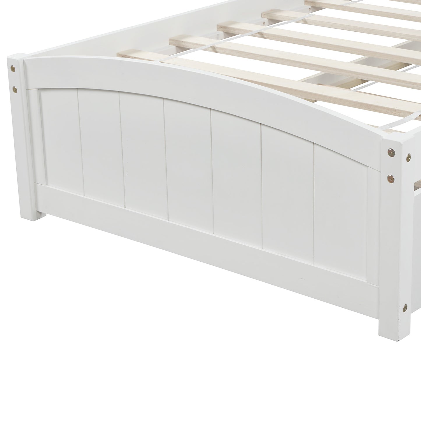 White wooden bed frame with curved headboard and wooden slats
