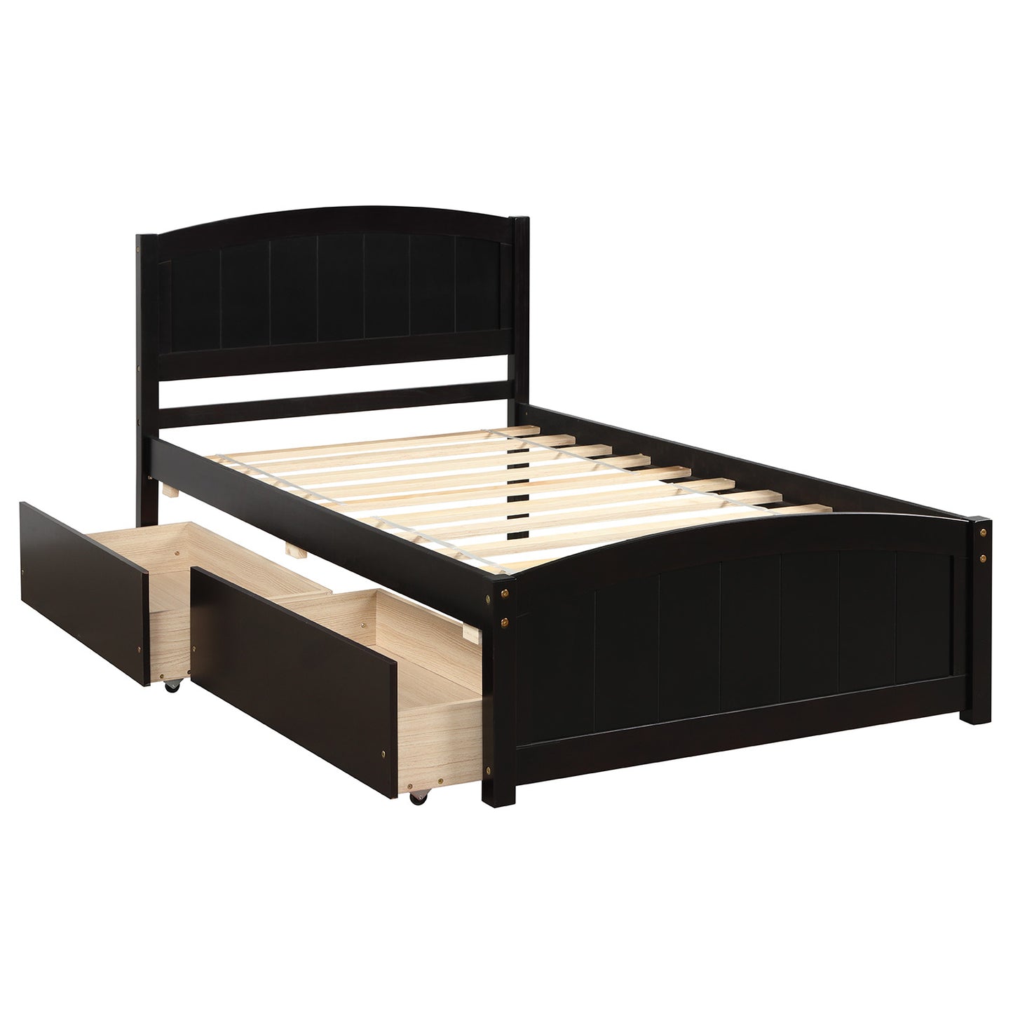 Dark espresso wood twin bed frame with arched headboard and two storage drawers