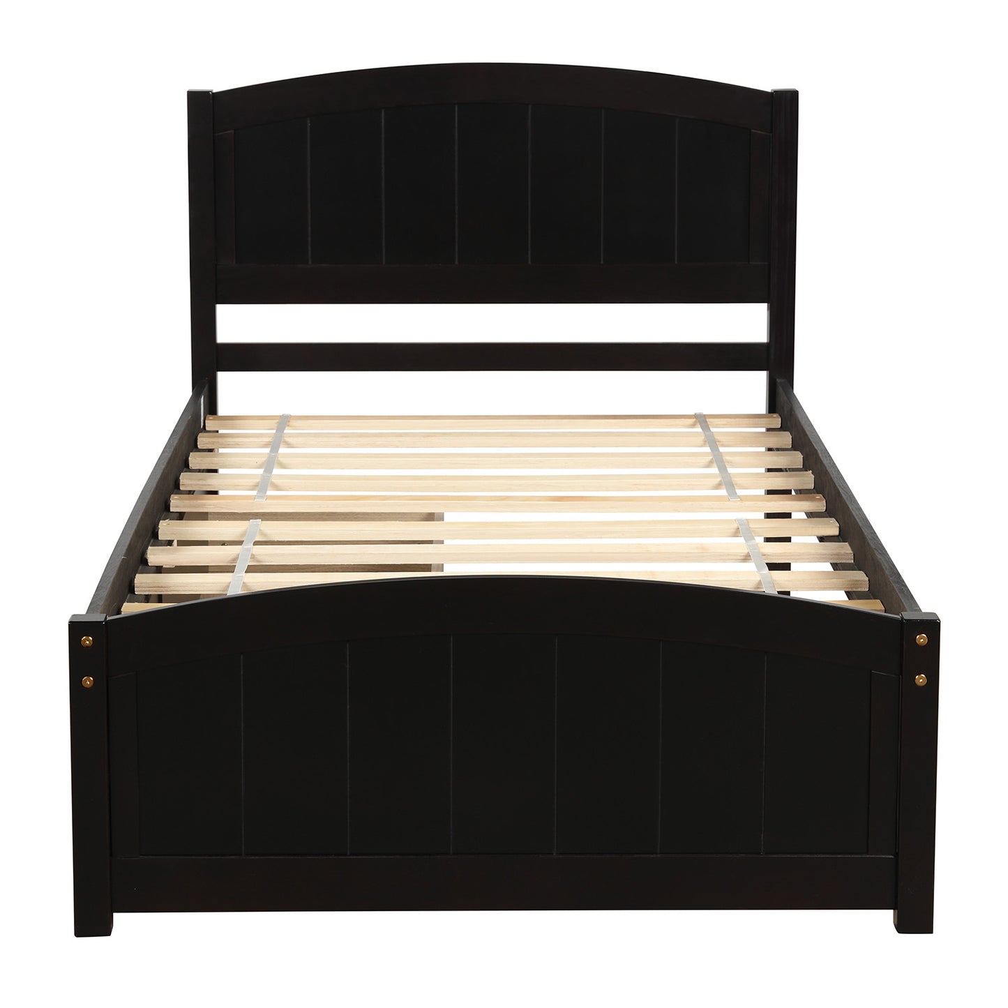 Dark espresso wood twin bed frame with arched headboard and footboard