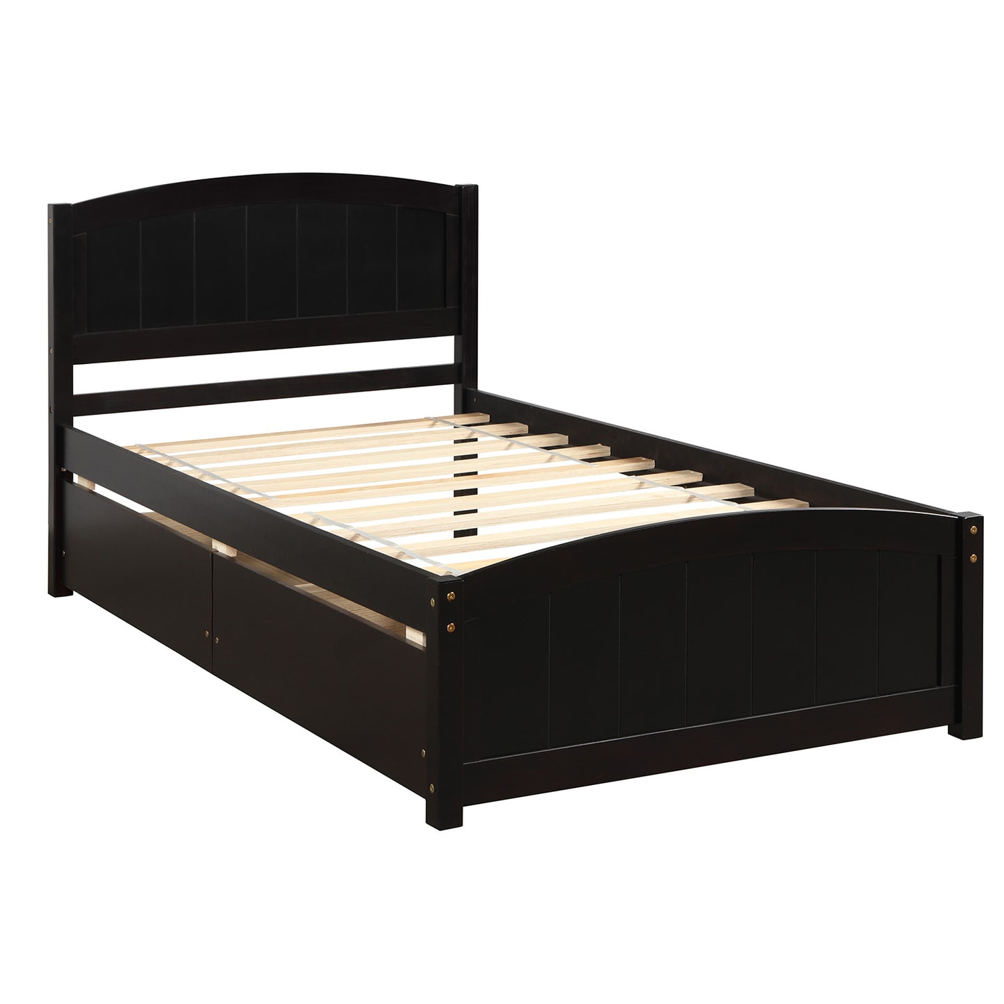 Dark wood twin bed frame with arched headboard and storage drawers