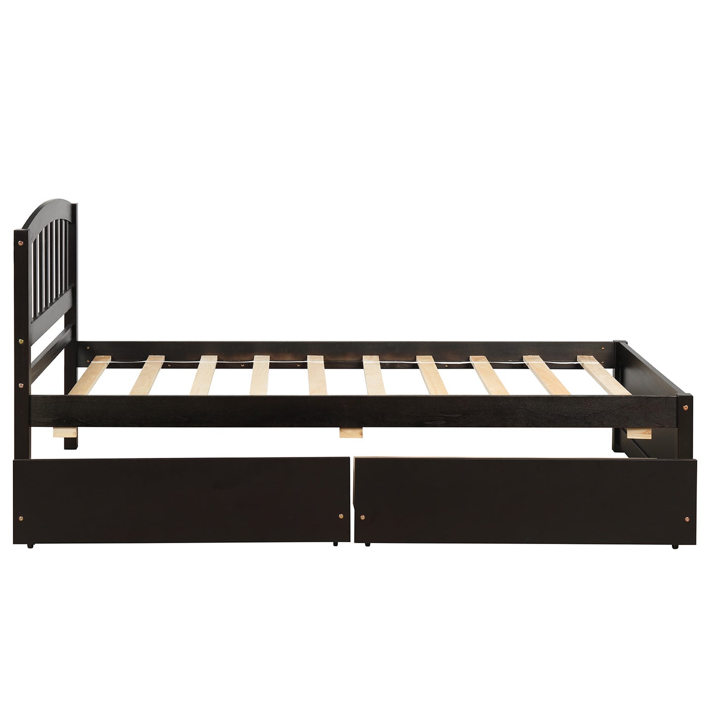 Dark brown wooden twin bed frame with arched headboard and two drawers