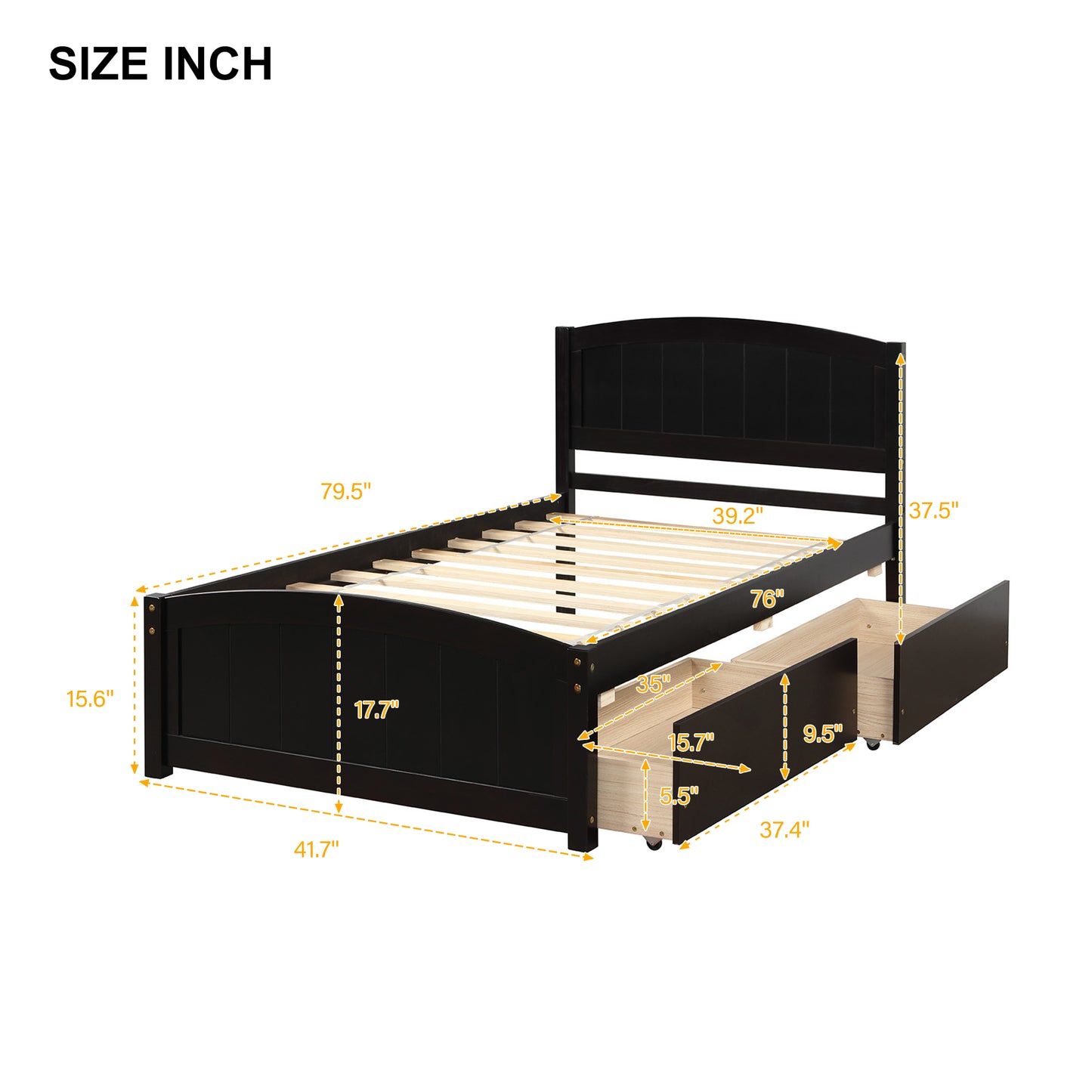 Black twin bed frame with drawers and dimensions shown