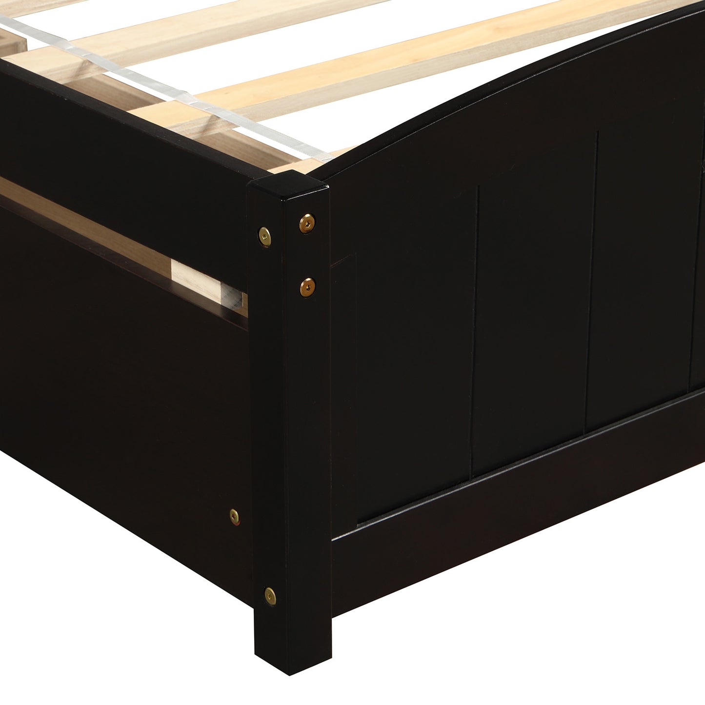 Dark espresso wood bed frame corner with slatted base