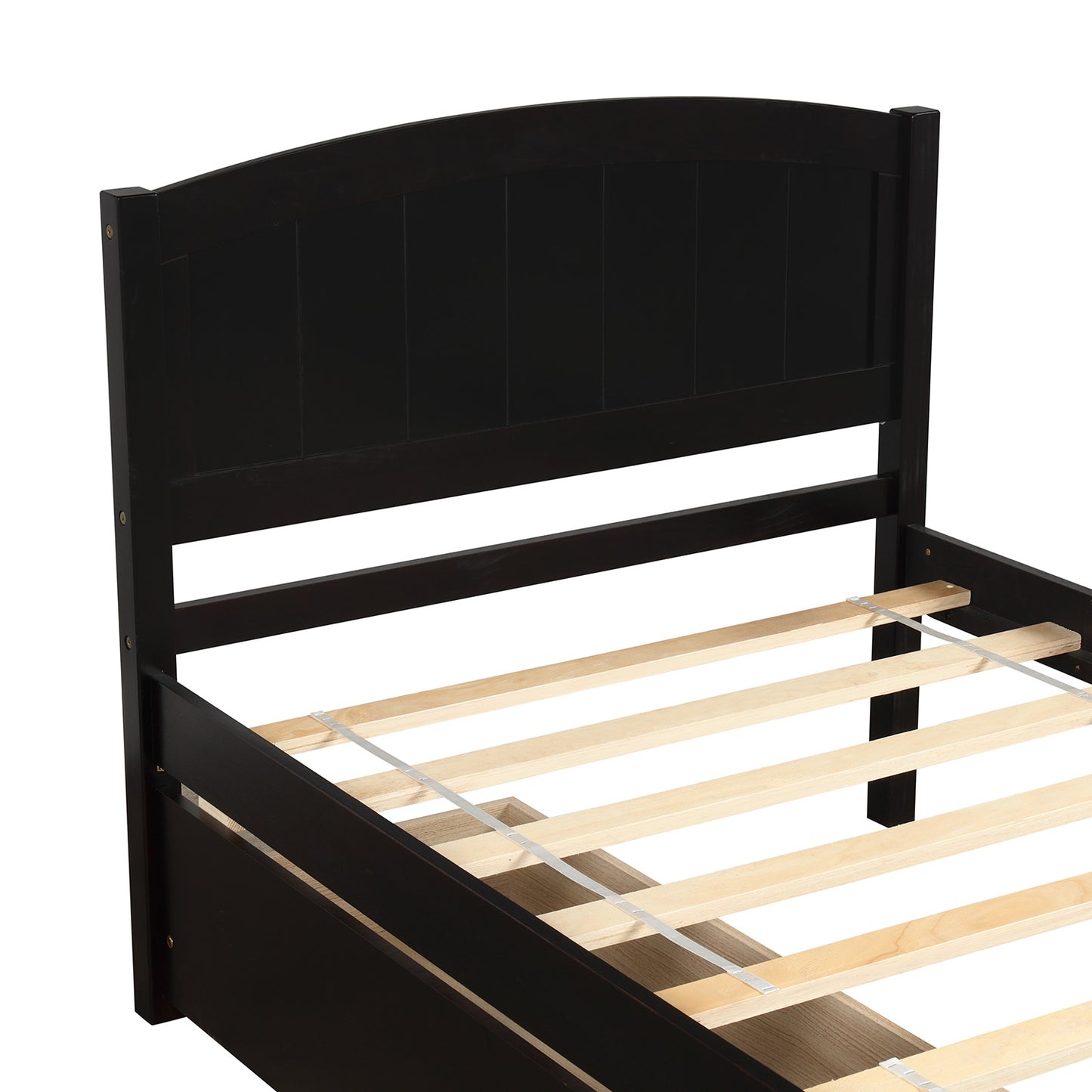 Dark wood twin bed frame with curved headboard and slatted base