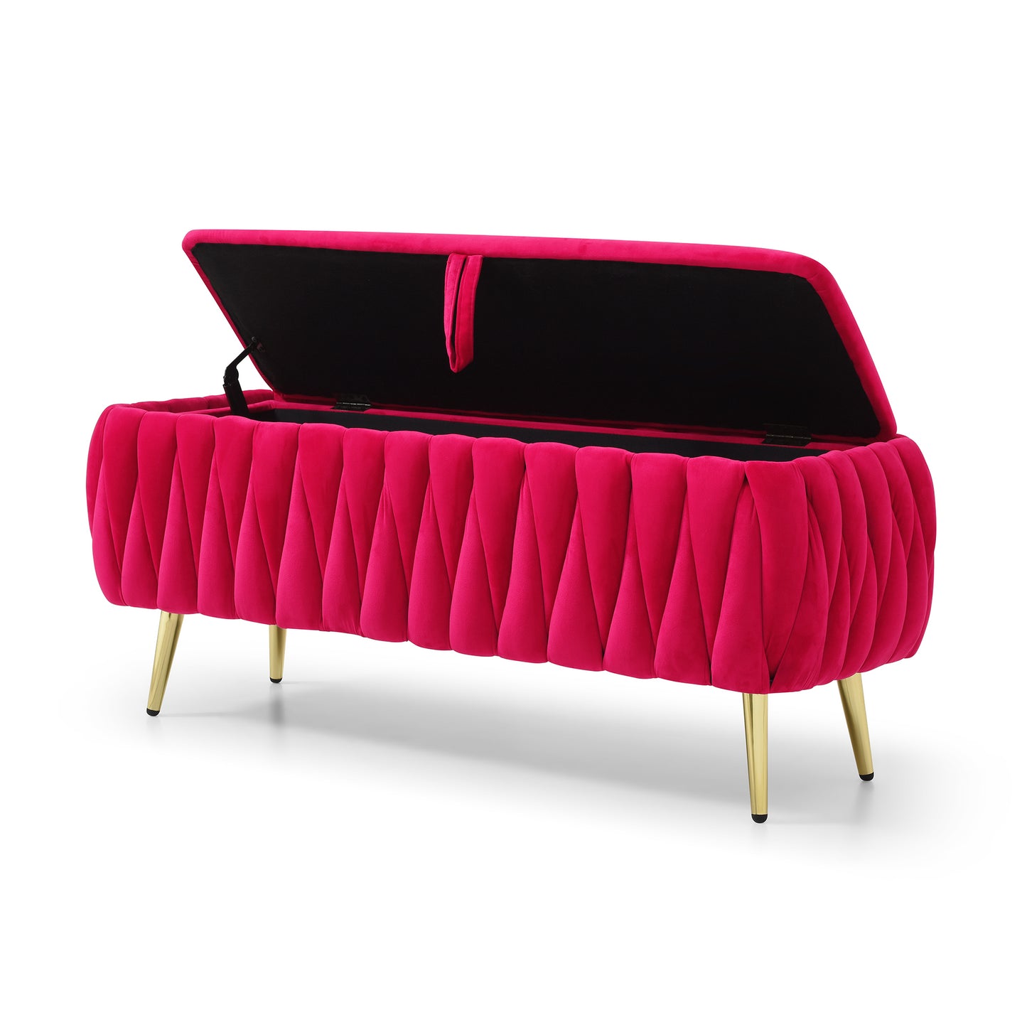 tufted velvet storage bench in fuchsia