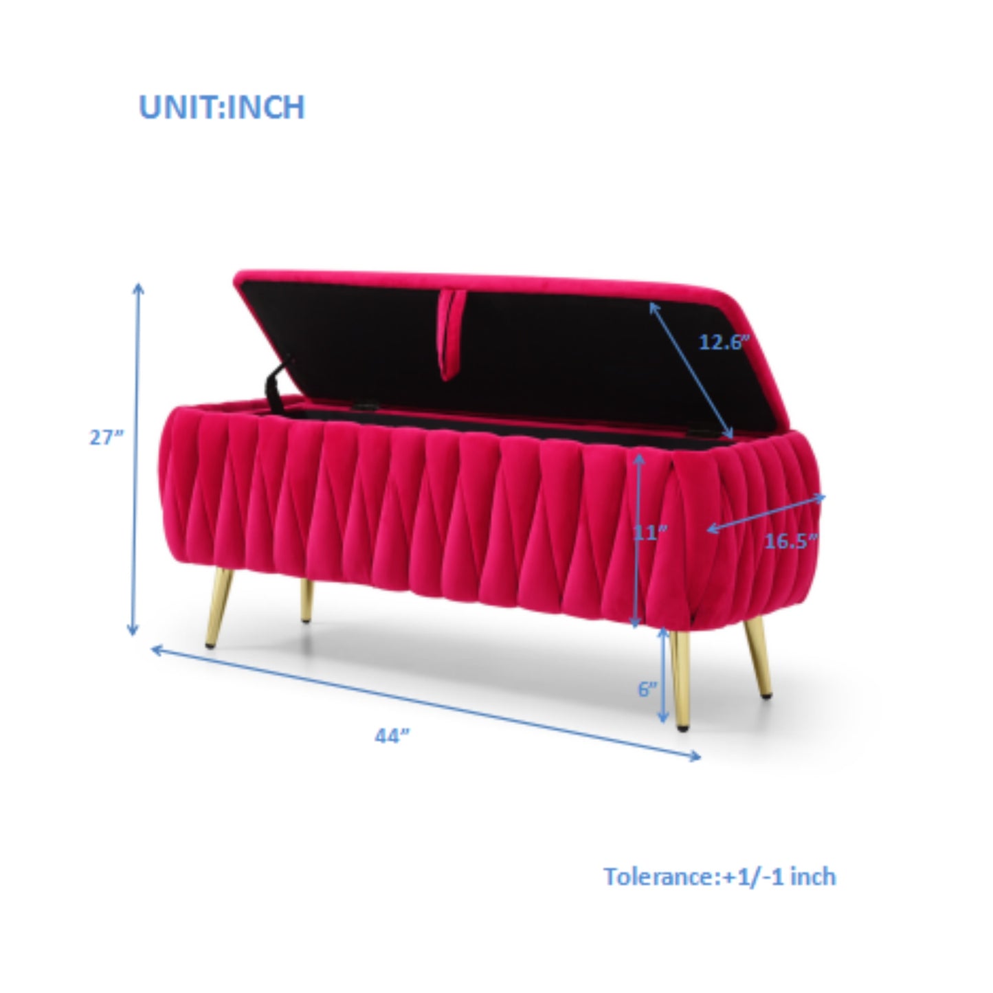 Pink velvet storage ottoman with pleated design and gold legs