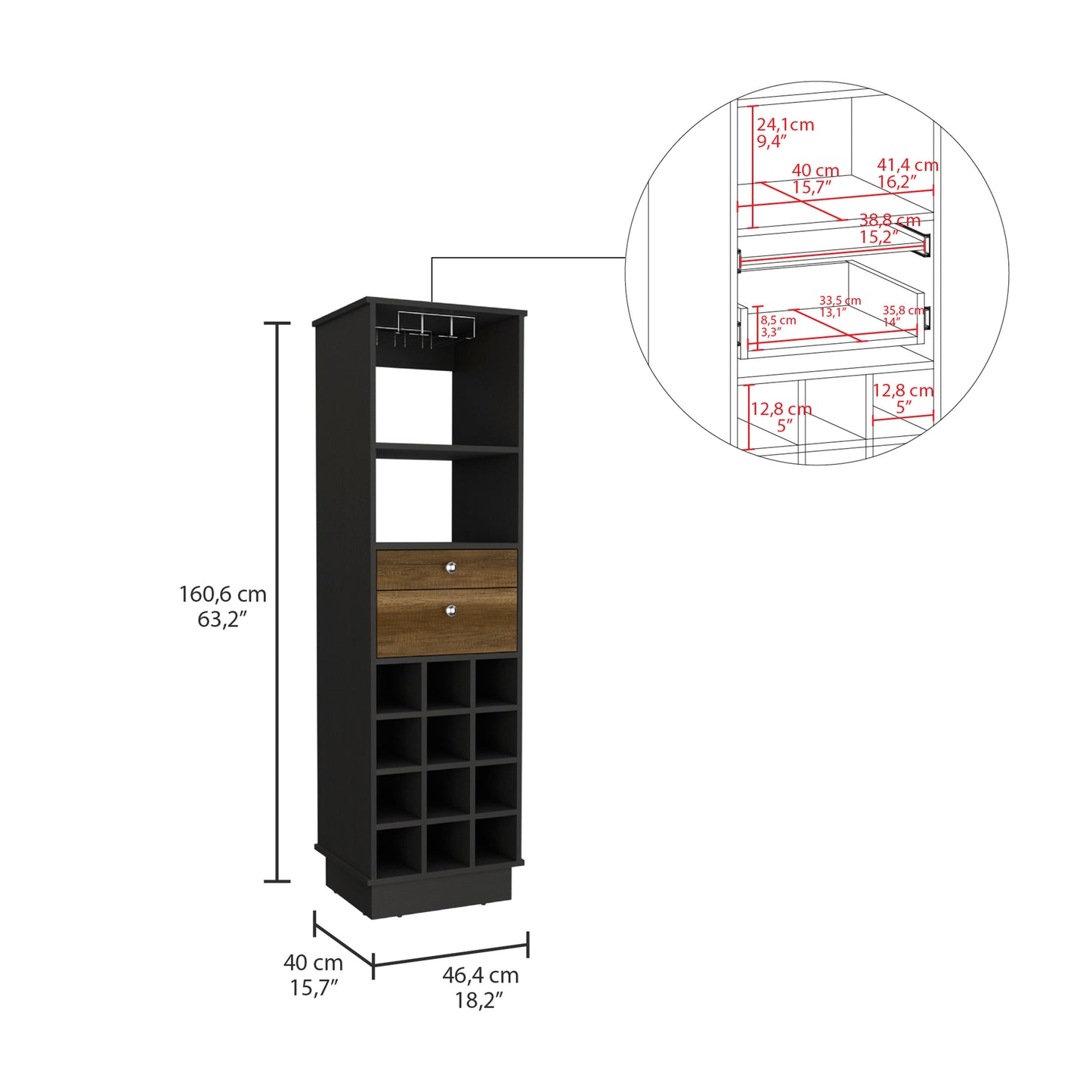 Black wine rack with bottle cubbies and two drawers