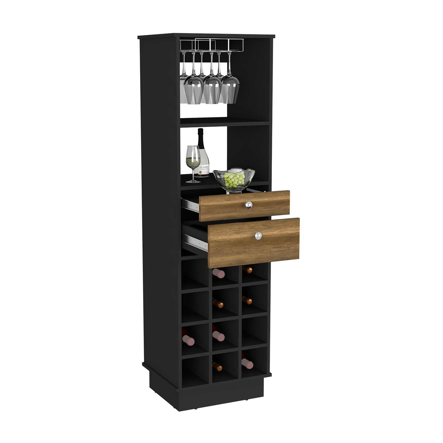Black wine cabinet with glass rack and bottle cubbies