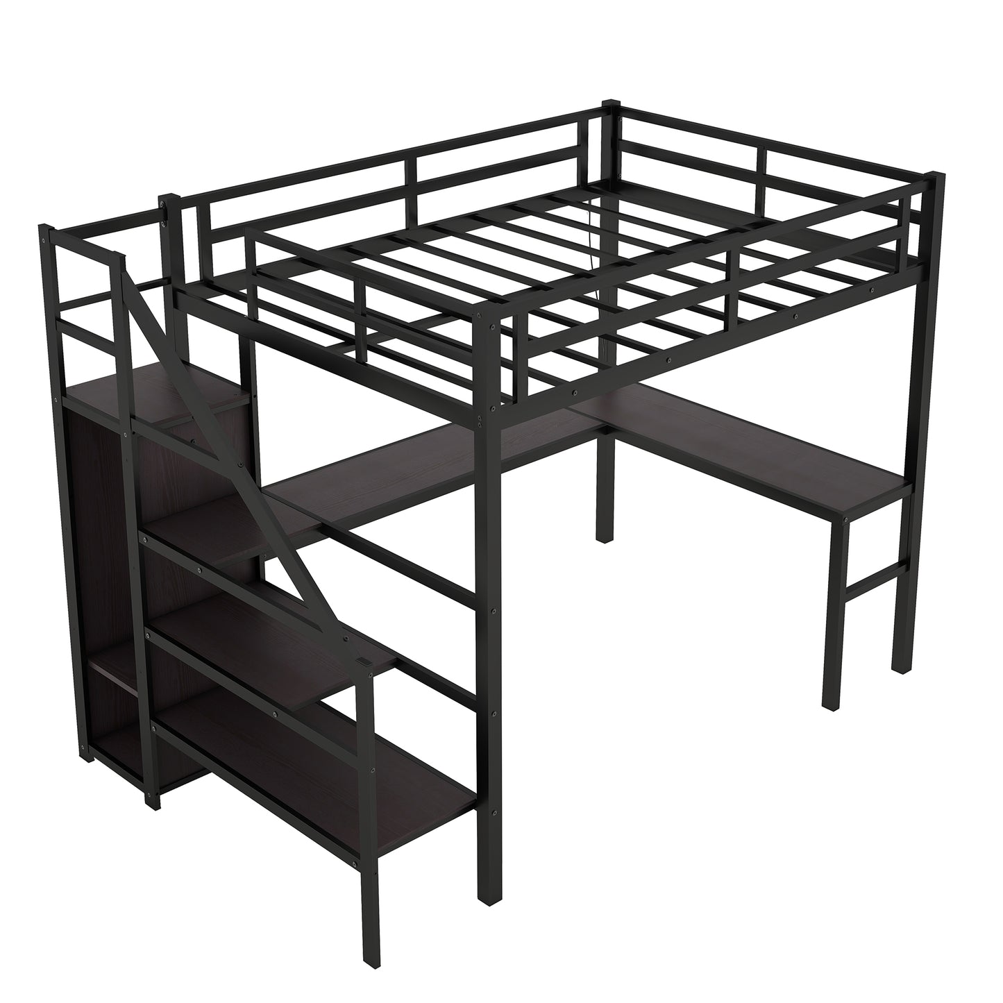 Black metal loft bed with desk and shelves