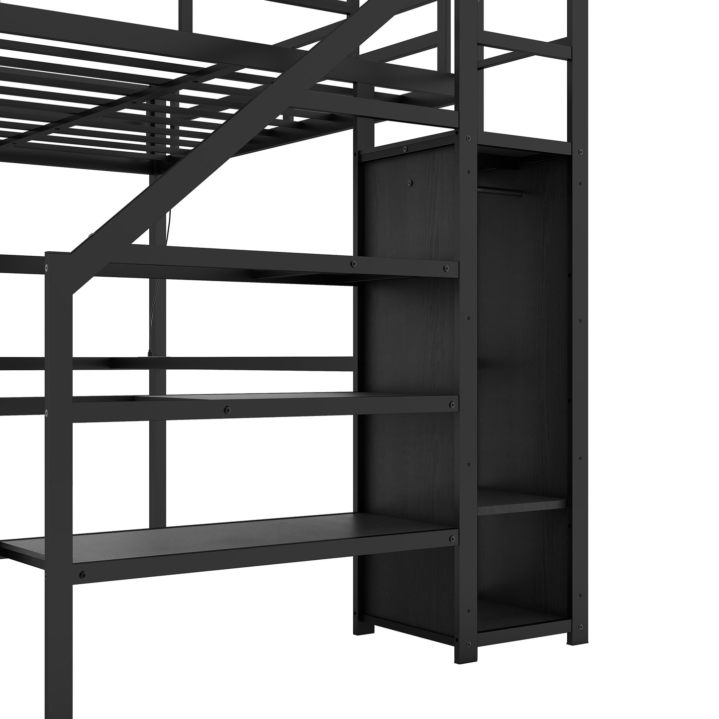Black metal loft bed with integrated desk and shelves