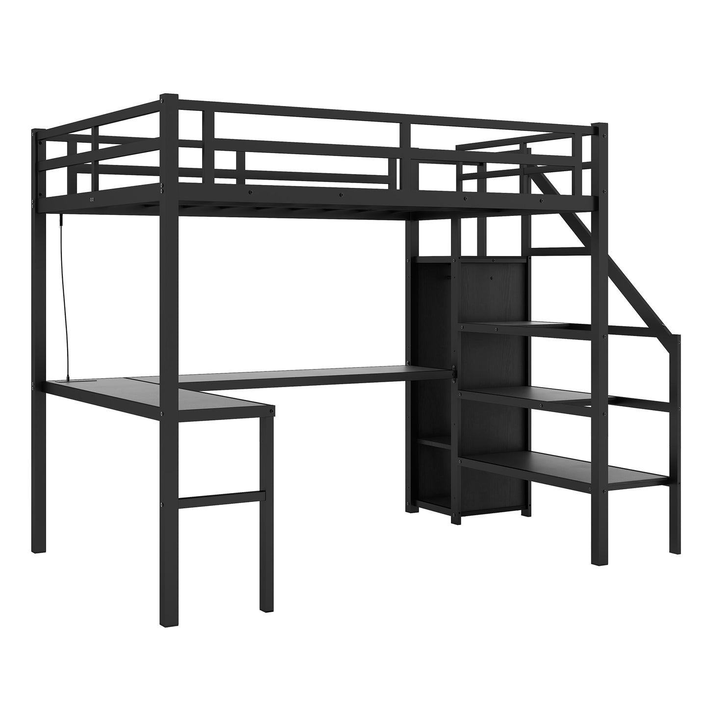 Black metal loft bed with desk and integrated shelves