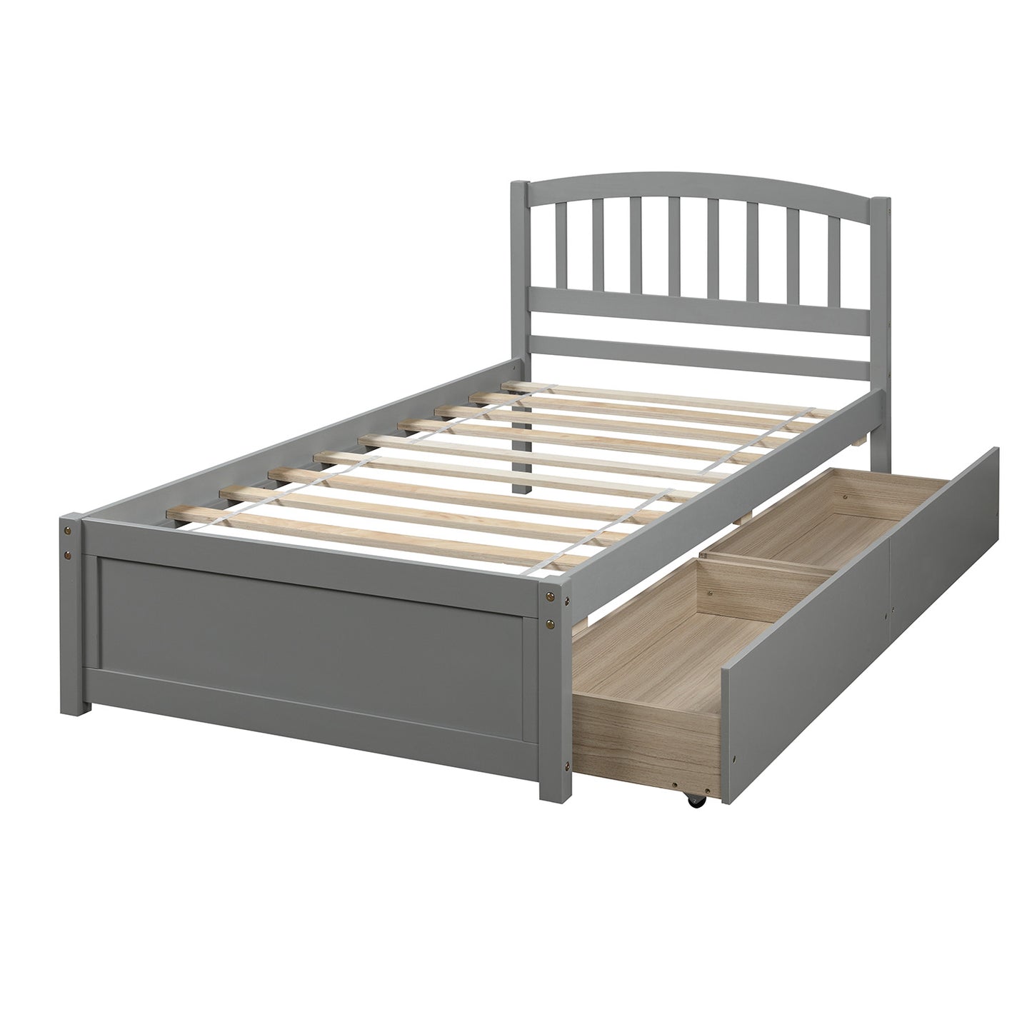 Grey wooden twin bed frame with storage drawers