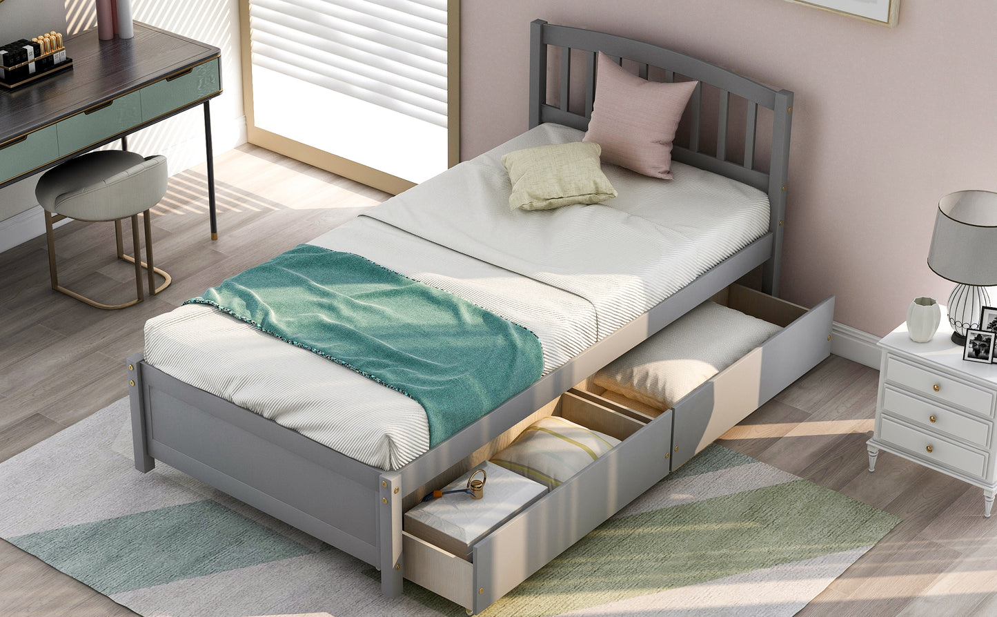 Gray twin bed frame with storage drawers and teal throw