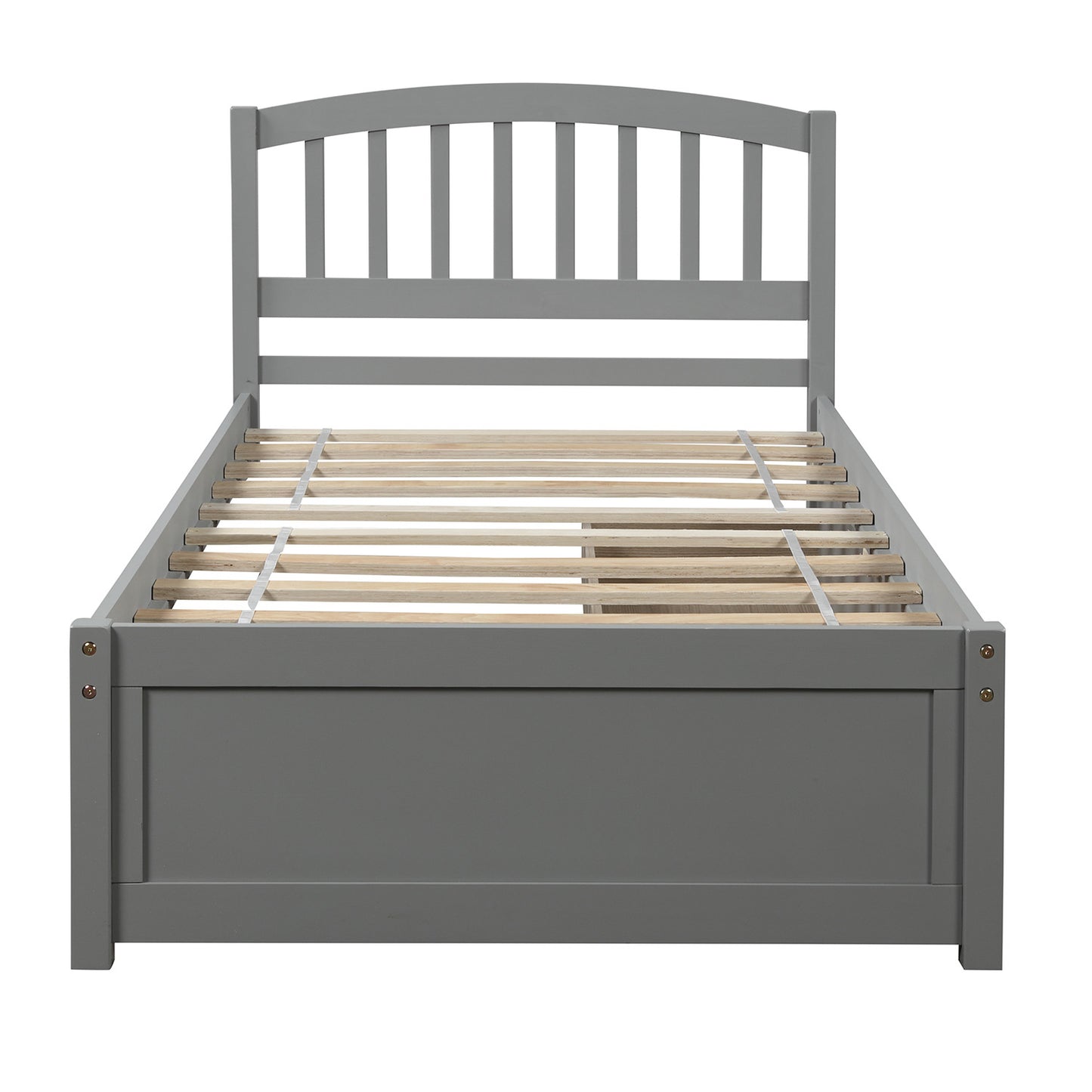 Gray wooden twin bed frame with arched slatted headboard and platform base