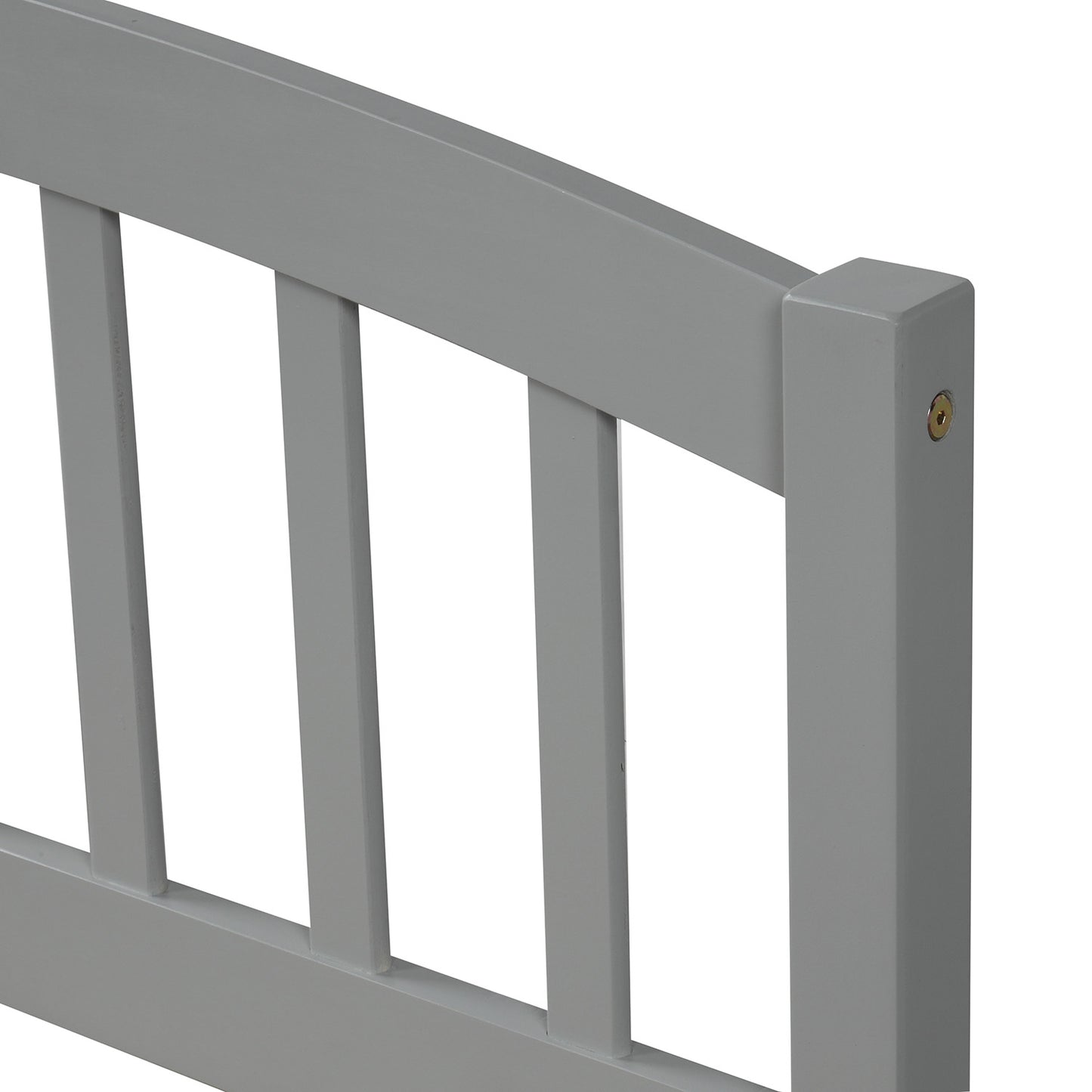 Closeup of grey wooden bed frame headboard slats