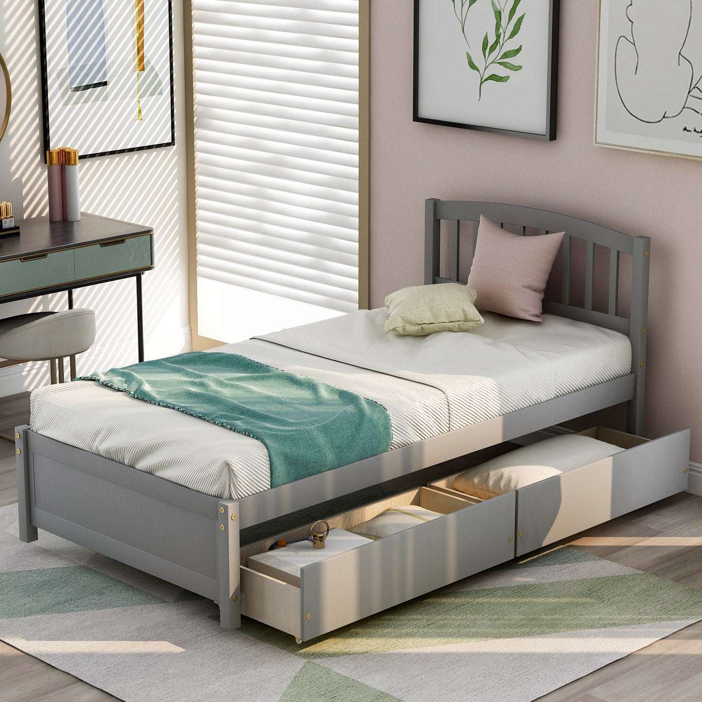 Gray twin bed frame with curved headboard and two storage drawers